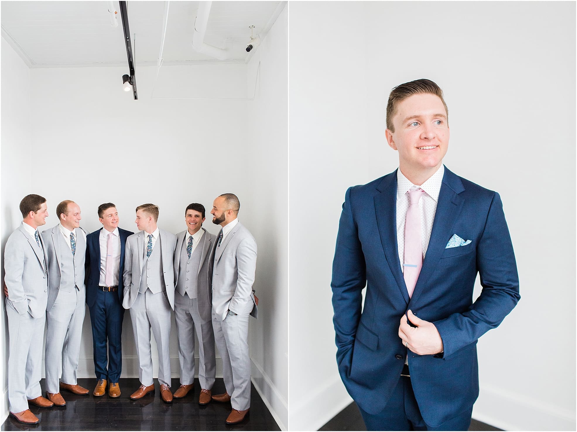 Arielle Peters Photography | Groom and groomsmen next to white walls on wedding day at Loft 310 in Kalamazoo, Michigan.