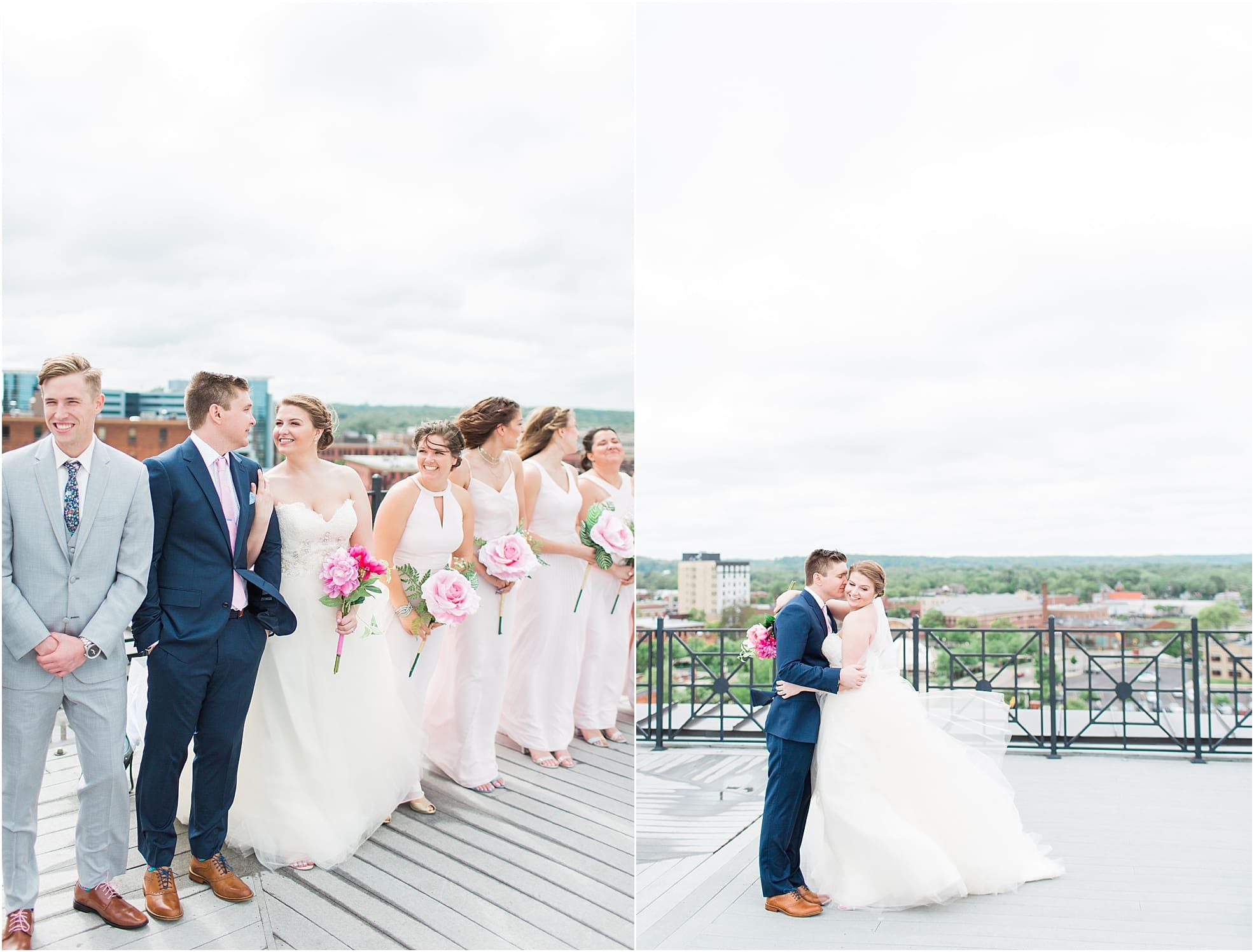 Arielle Peters Photography | Wedding party standing on rooftop terrace overlooking the city on wedding day at Loft 310 in Kalamazoo, Michigan.