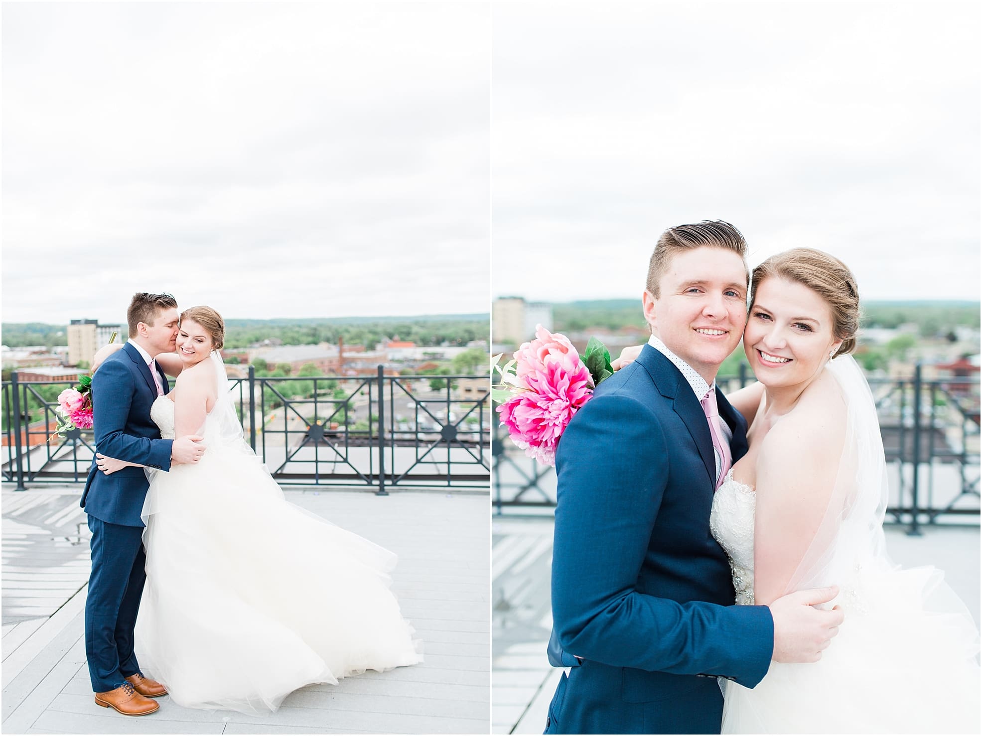 Arielle Peters Photography | Bride and groom on rooftop terrace overlooking the city on wedding day at Loft 310 in Kalamazoo, Michigan.