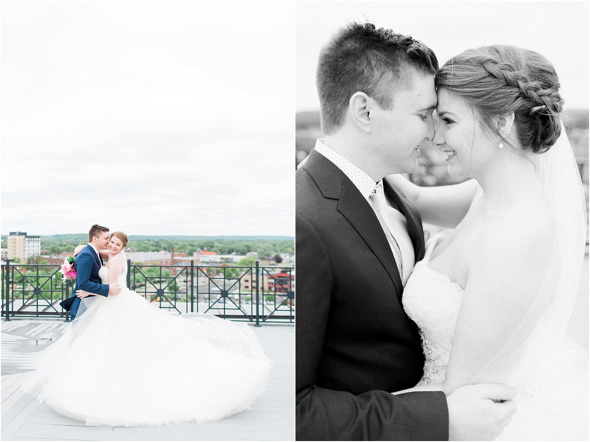 Arielle Peters Photography | Bride and groom on rooftop terrace overlooking the city on wedding day at Loft 310 in Kalamazoo, Michigan.