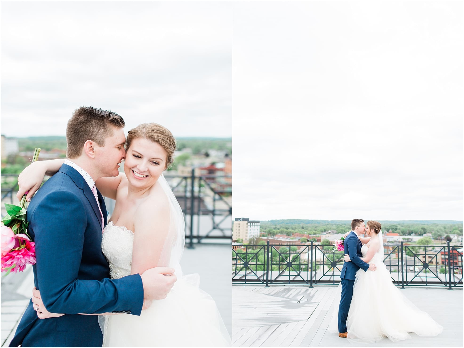 Arielle Peters Photography | Bride and groom on rooftop terrace overlooking the city on wedding day at Loft 310 in Kalamazoo, Michigan.