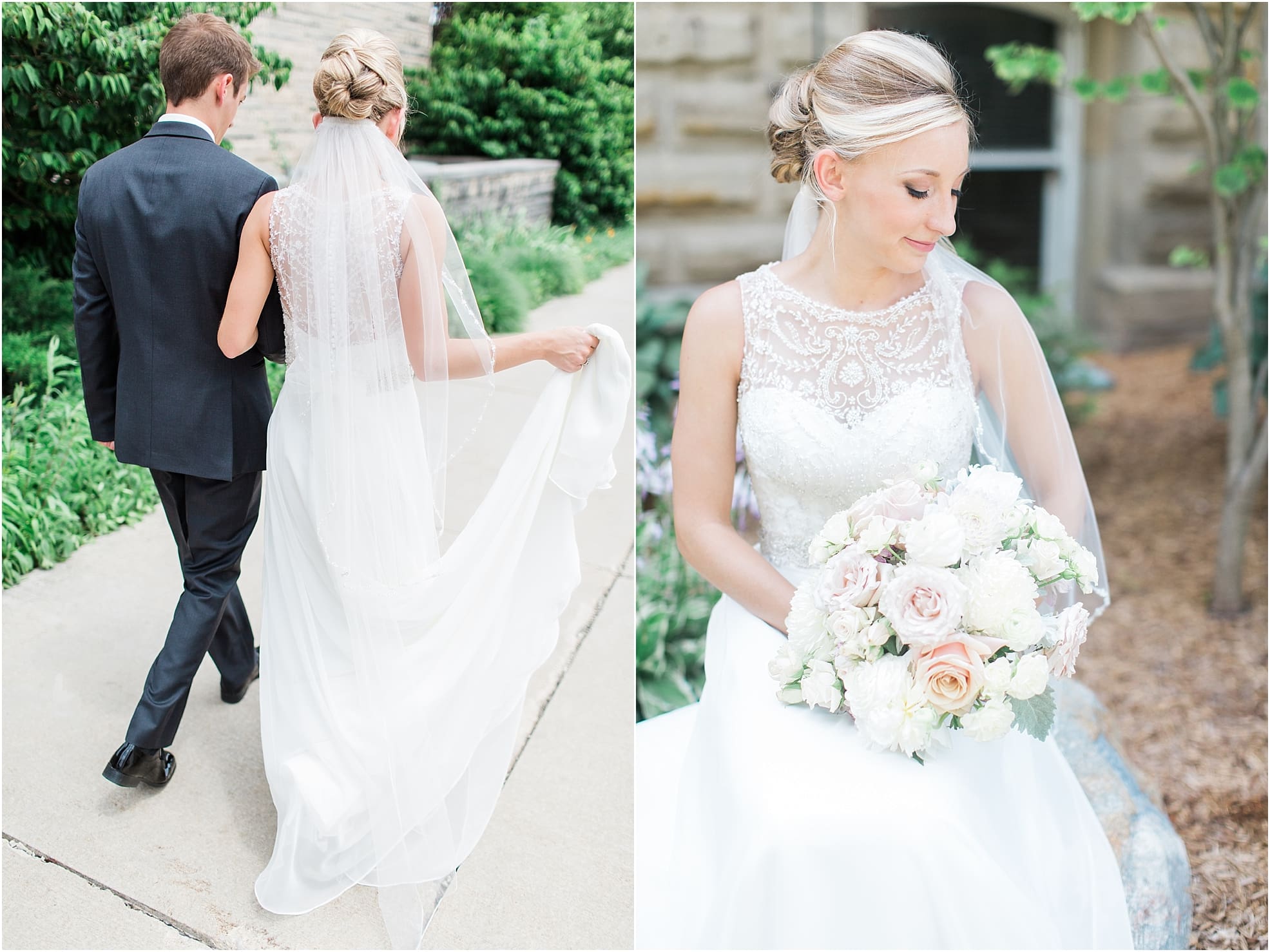 Arielle Peters Photography | Bride and groom walking on sidewalk on wedding day at the Spohn Ballroom in Goshen, Indiana.