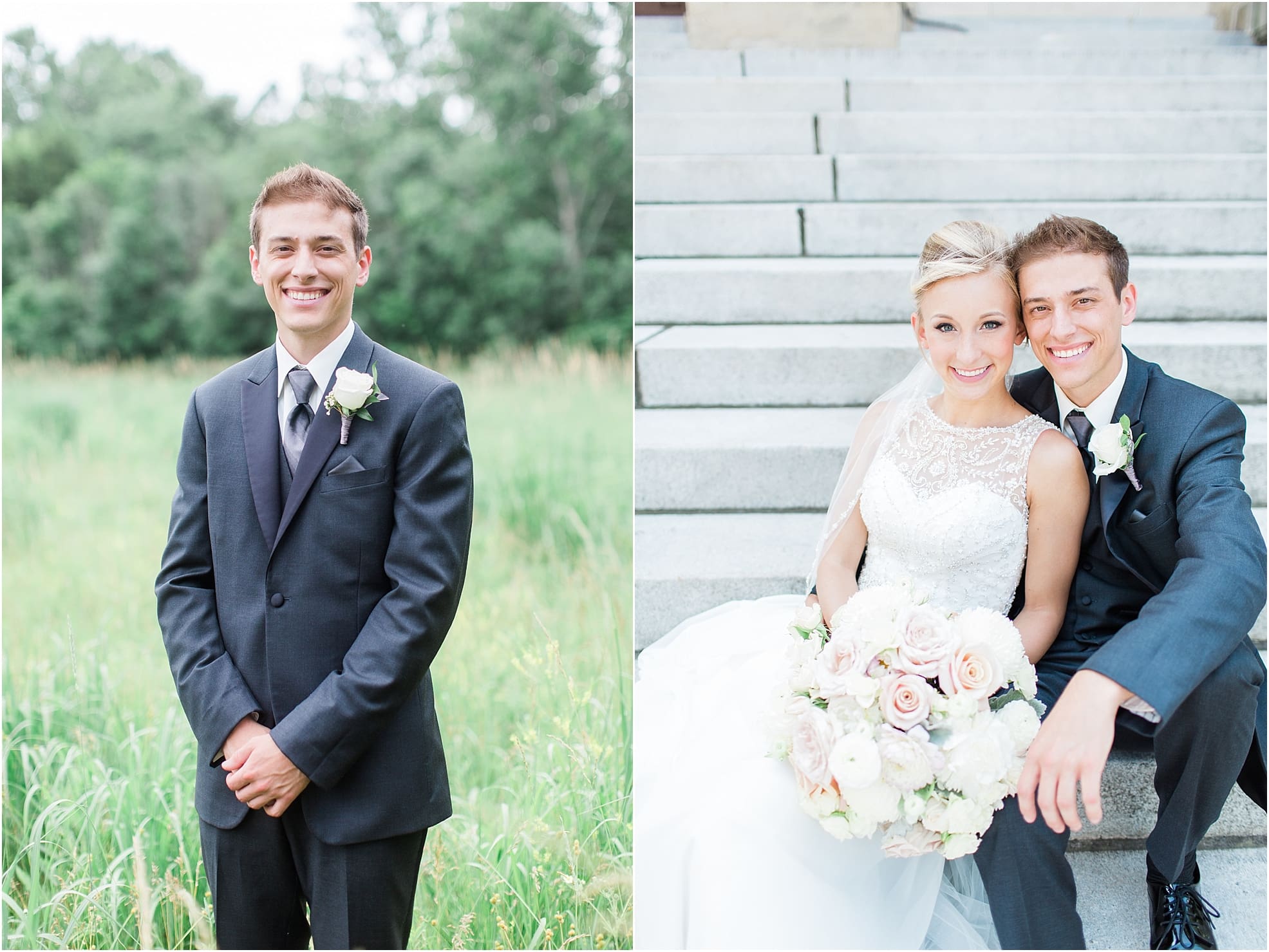Arielle Peters Photography | Bride and groom sitting on church steps on wedding day at the Spohn Ballroom in Goshen, Indiana.