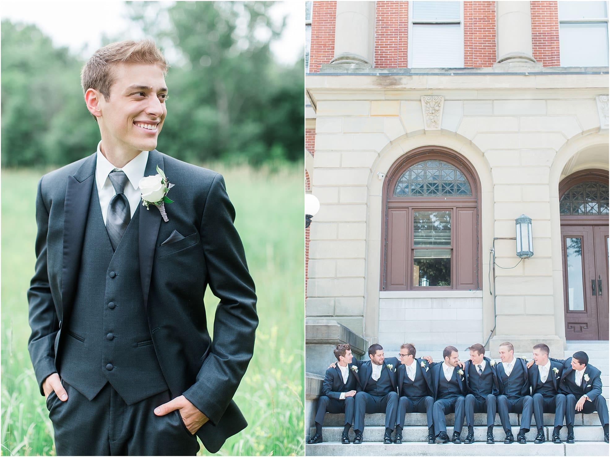 Arielle Peters Photography | Groom and groomsmen sitting on church steps on wedding day at the Spohn Ballroom in Goshen, Indiana.
