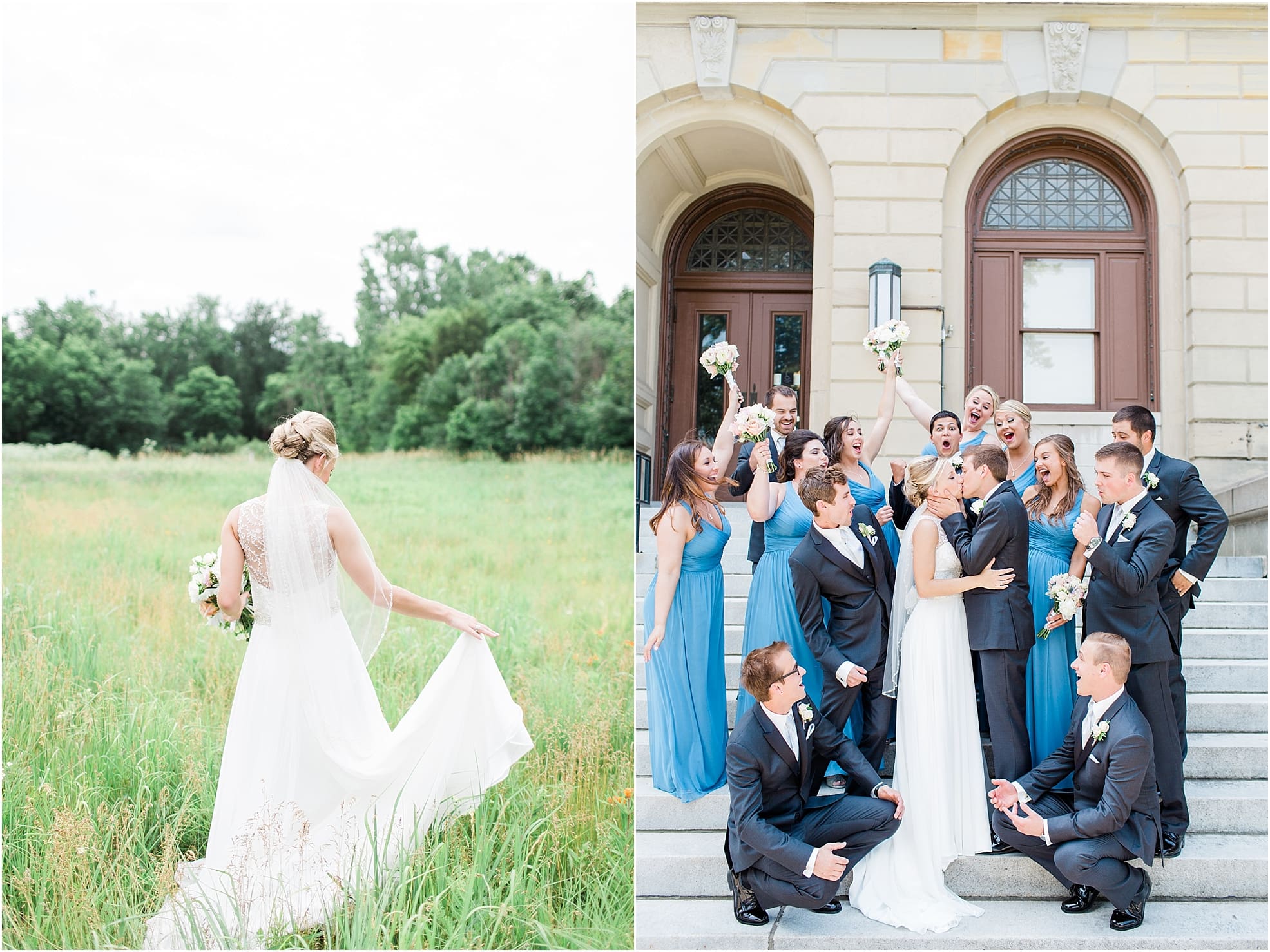 Arielle Peters Photography | Bride walking through open field on wedding day at the Spohn Ballroom in Goshen, Indiana.
