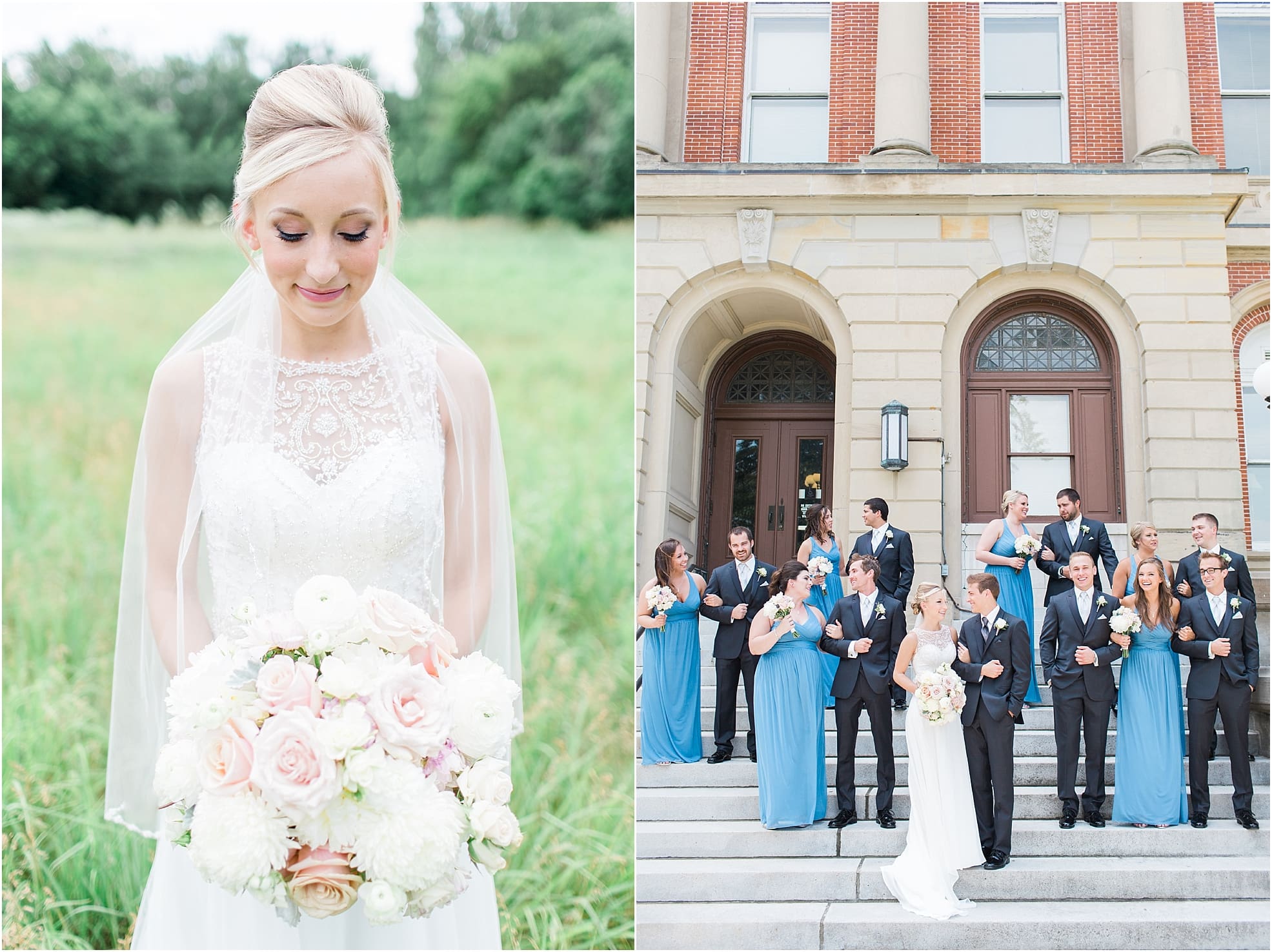Arielle Peters Photography | Bride holding bouquet in open field on wedding day at the Spohn Ballroom in Goshen, Indiana.
