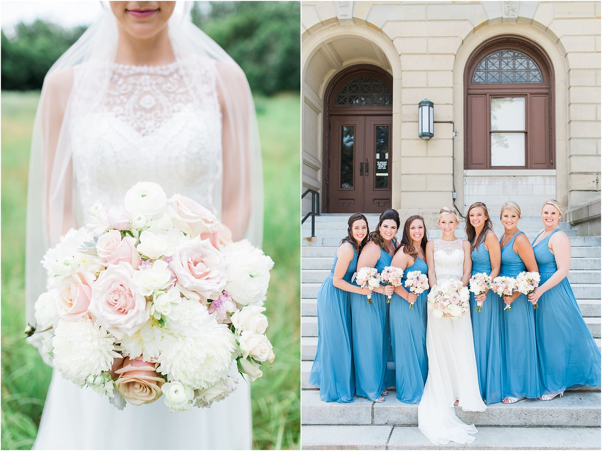 Arielle Peters Photography | Bride holding rose bouquet in open field on wedding day at the Spohn Ballroom in Goshen, Indiana.
