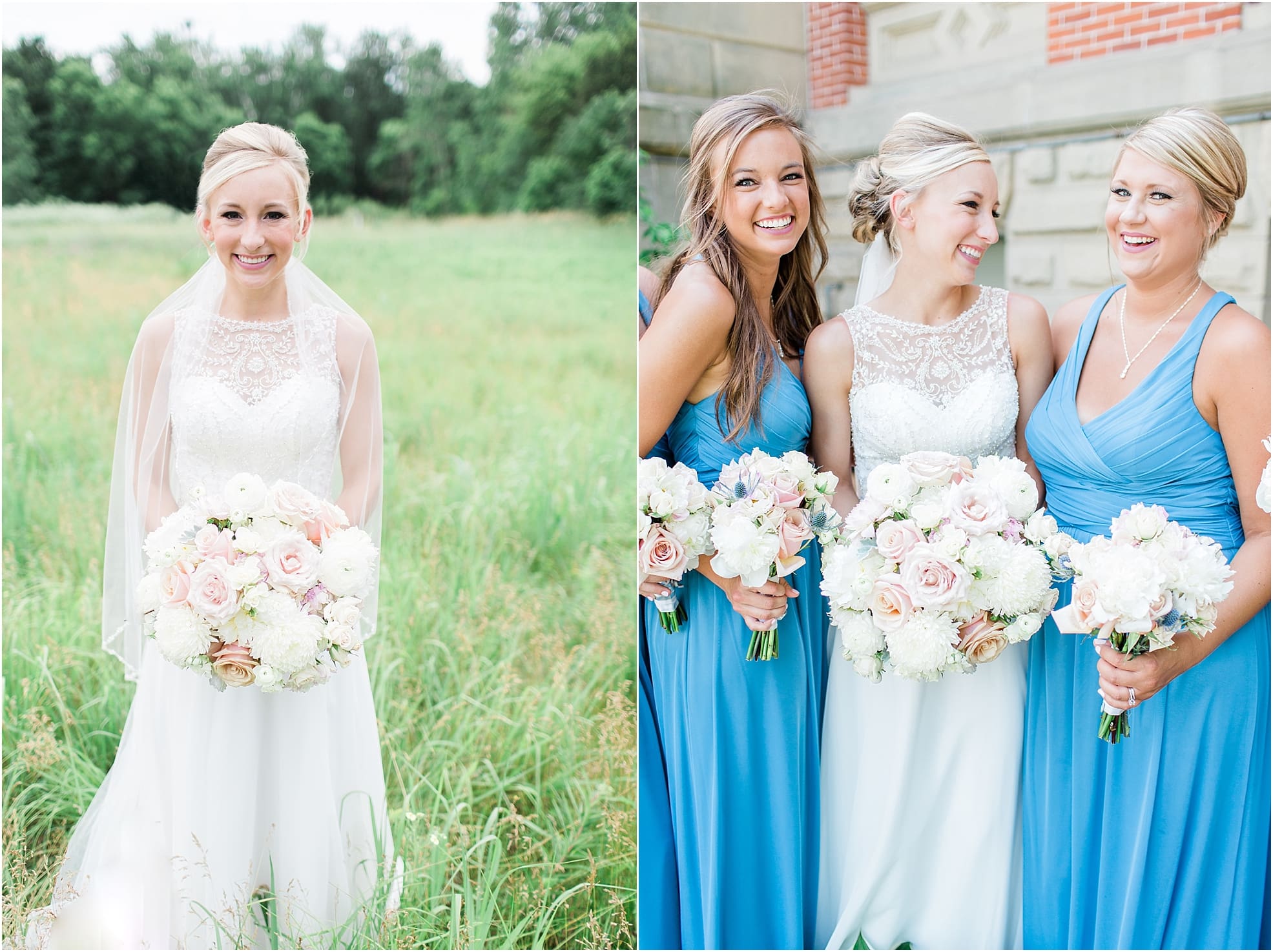 Arielle Peters Photography | Bride holding rose bouquet in open field on wedding day at the Spohn Ballroom in Goshen, Indiana.