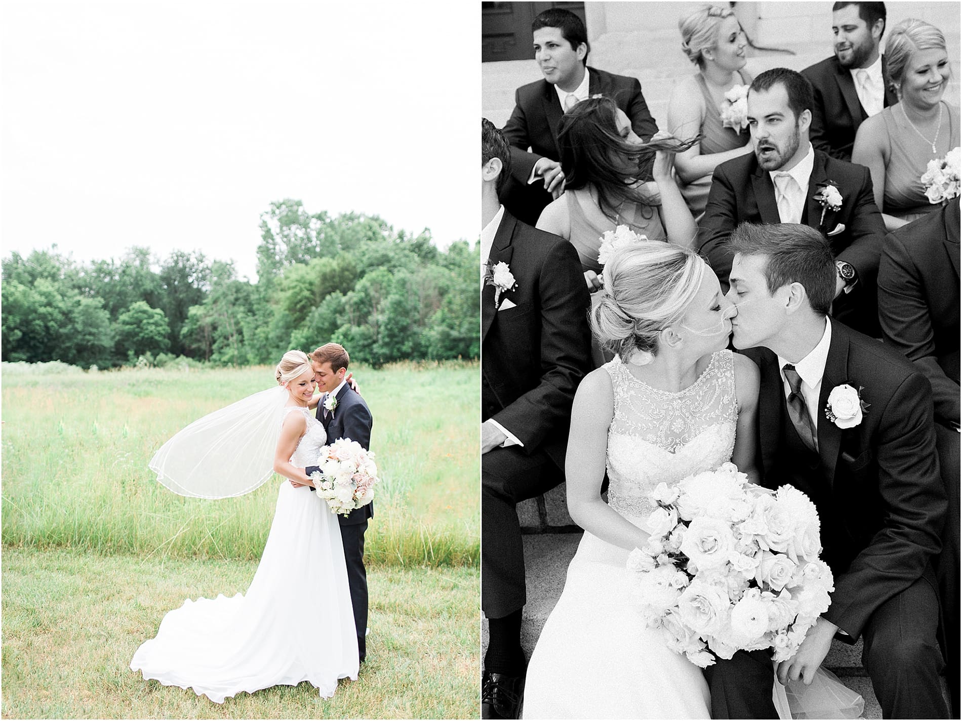 Arielle Peters Photography | Wedding party sitting on church steps on wedding day at the Spohn Ballroom in Goshen, Indiana.