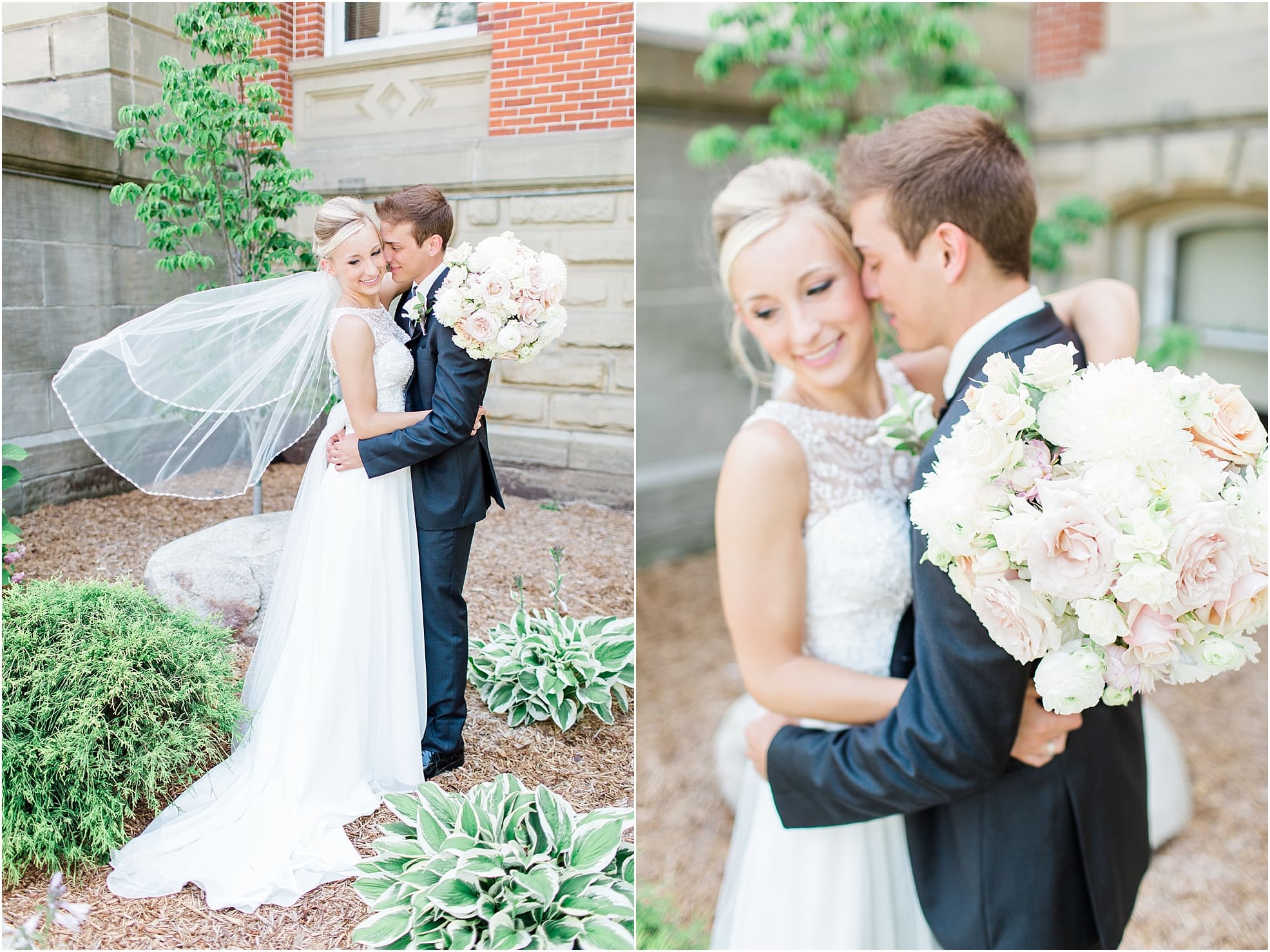 Arielle Peters Photography | Bride and groom next to church on wedding day at the Spohn Ballroom in Goshen, Indiana.