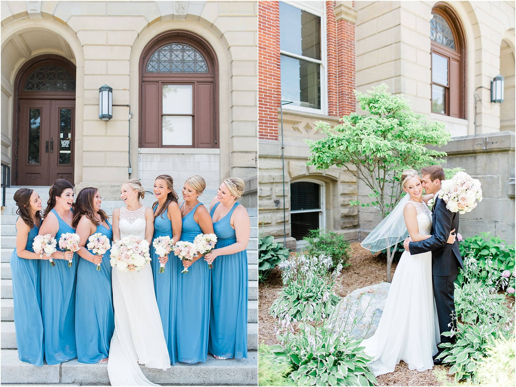 Arielle Peters Photography | Bride and bridesmaids standing on church steps on wedding day at the Spohn Ballroom in Goshen, Indiana.
