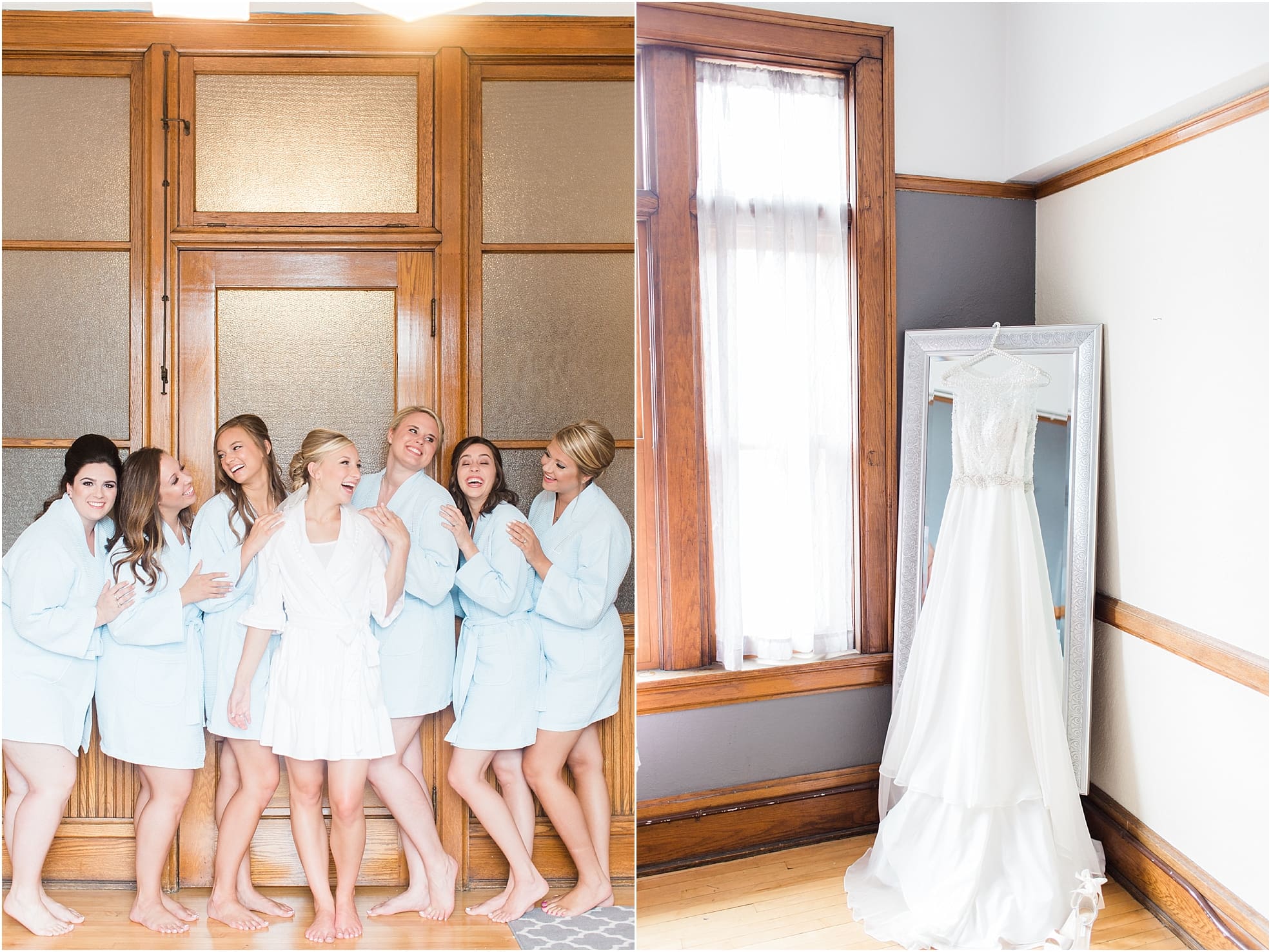 Arielle Peters Photography | Bride and bridesmaids in robes getting ready on wedding day at the Spohn Ballroom in Goshen, Indiana.