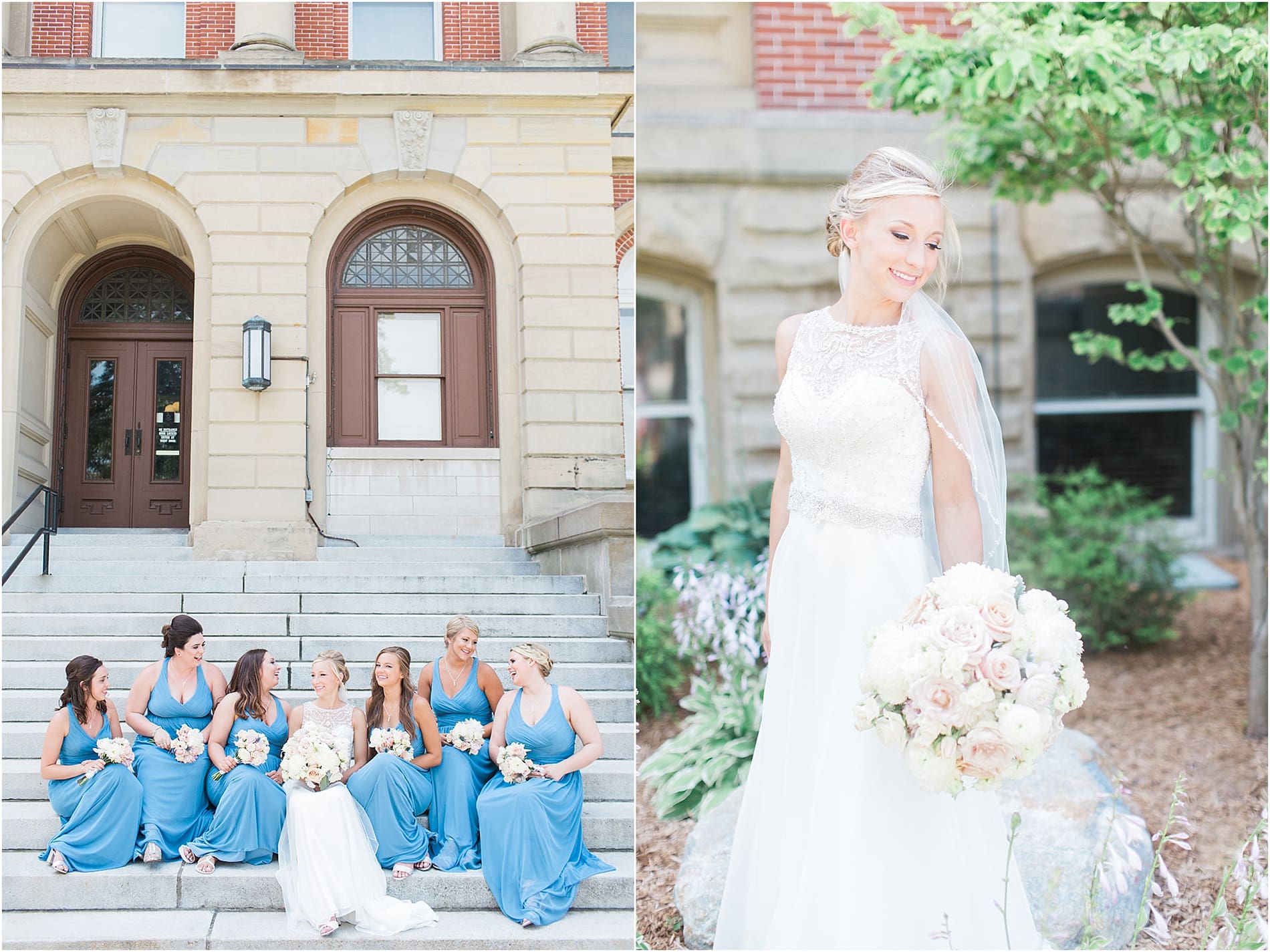 Arielle Peters Photography | Bride and bridesmaids sitting on church steps on wedding day at the Spohn Ballroom in Goshen, Indiana.