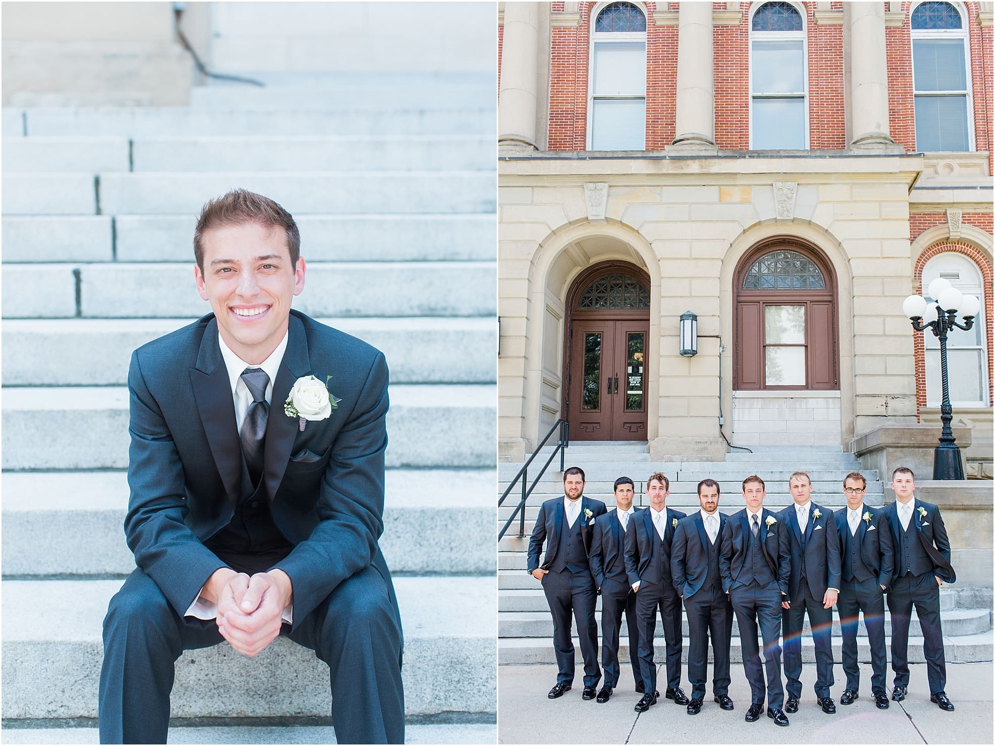 Arielle Peters Photography | Groom sitting on church steps on wedding day at the Spohn Ballroom in Goshen, Indiana.