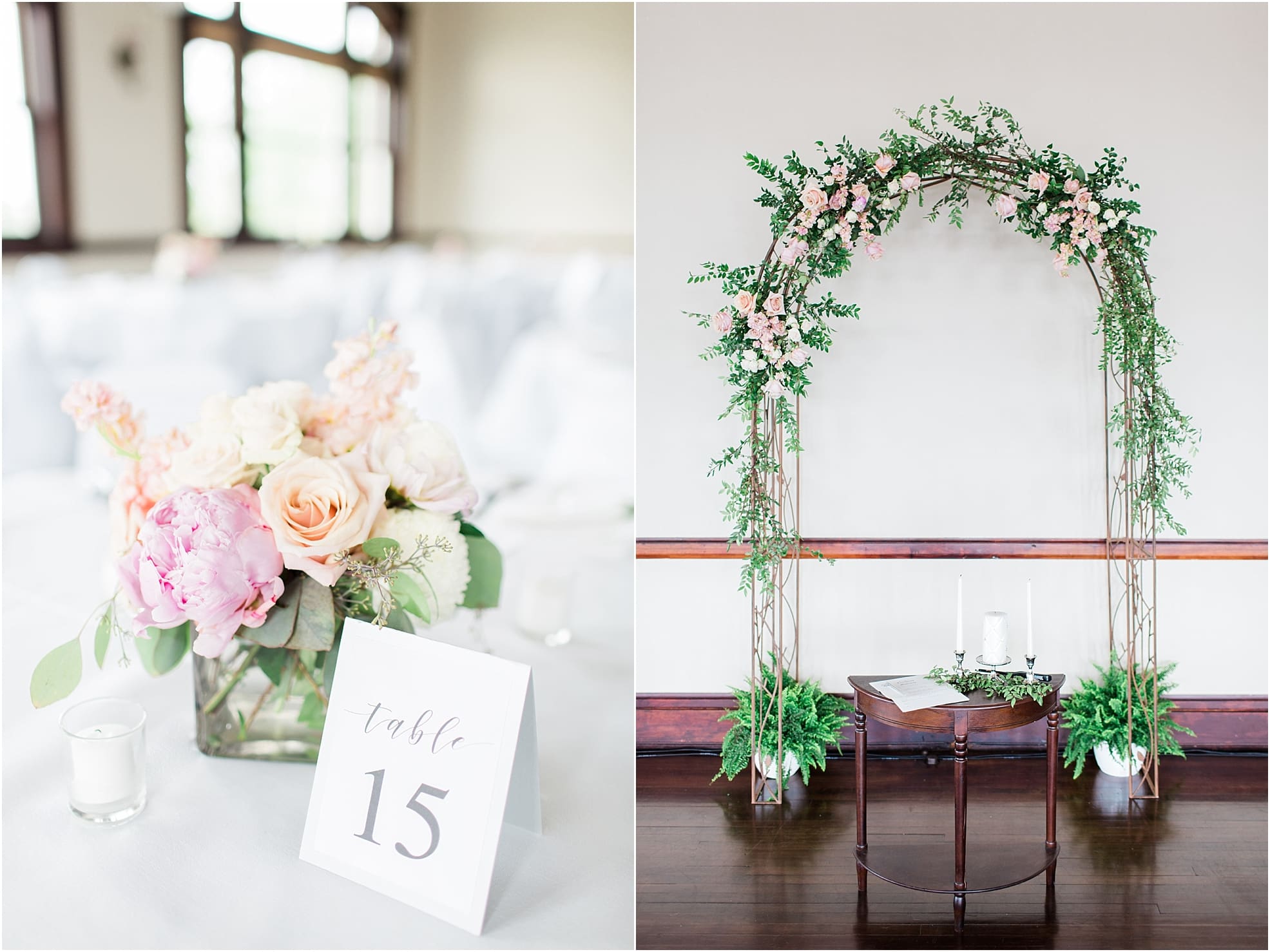 Arielle Peters Photography | Rose covered wedding arch on wedding day at the Spohn Ballroom in Goshen, Indiana.