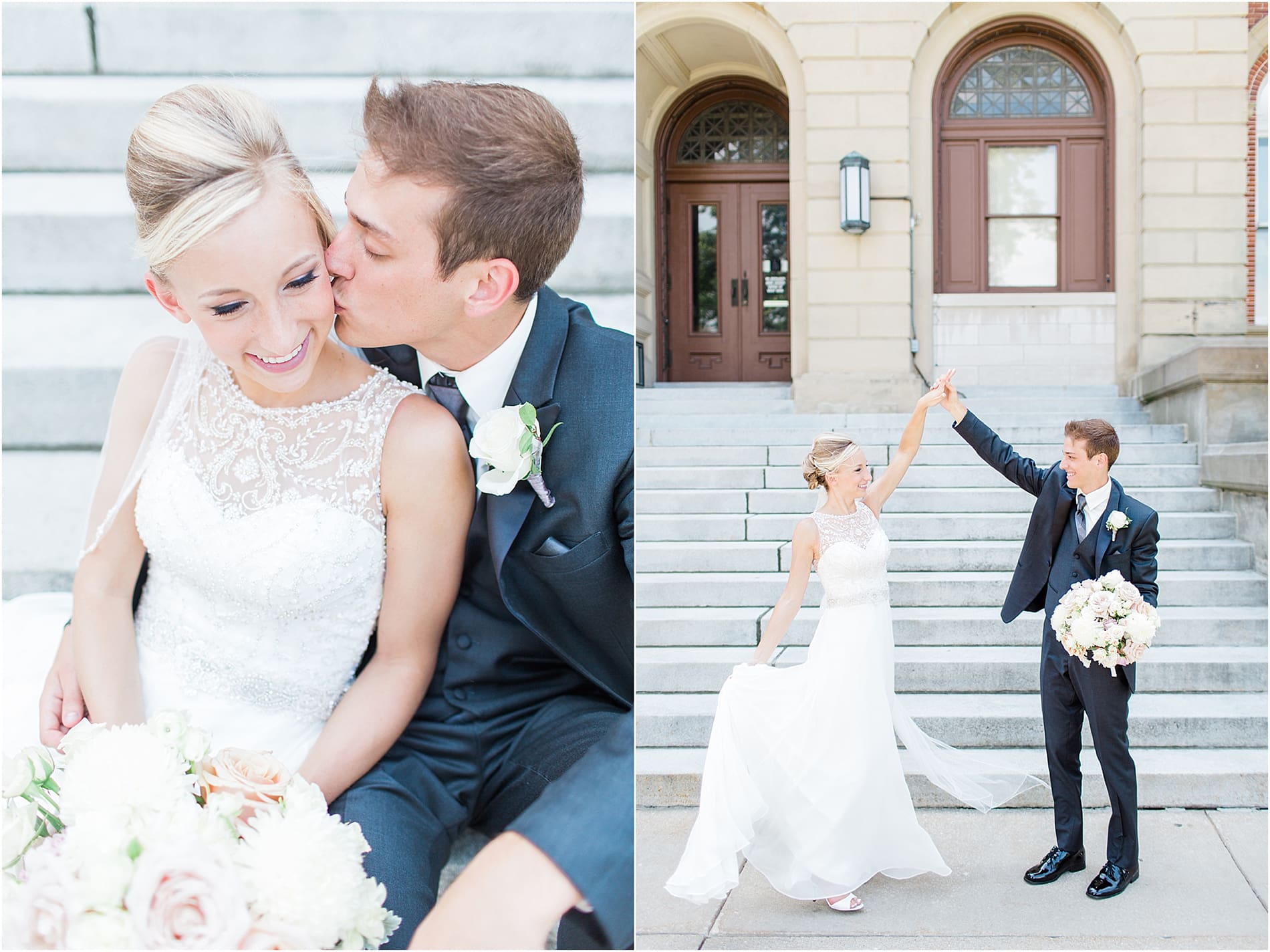 Arielle Peters Photography | Bride and groom dancing by church steps on wedding day at the Spohn Ballroom in Goshen, Indiana.