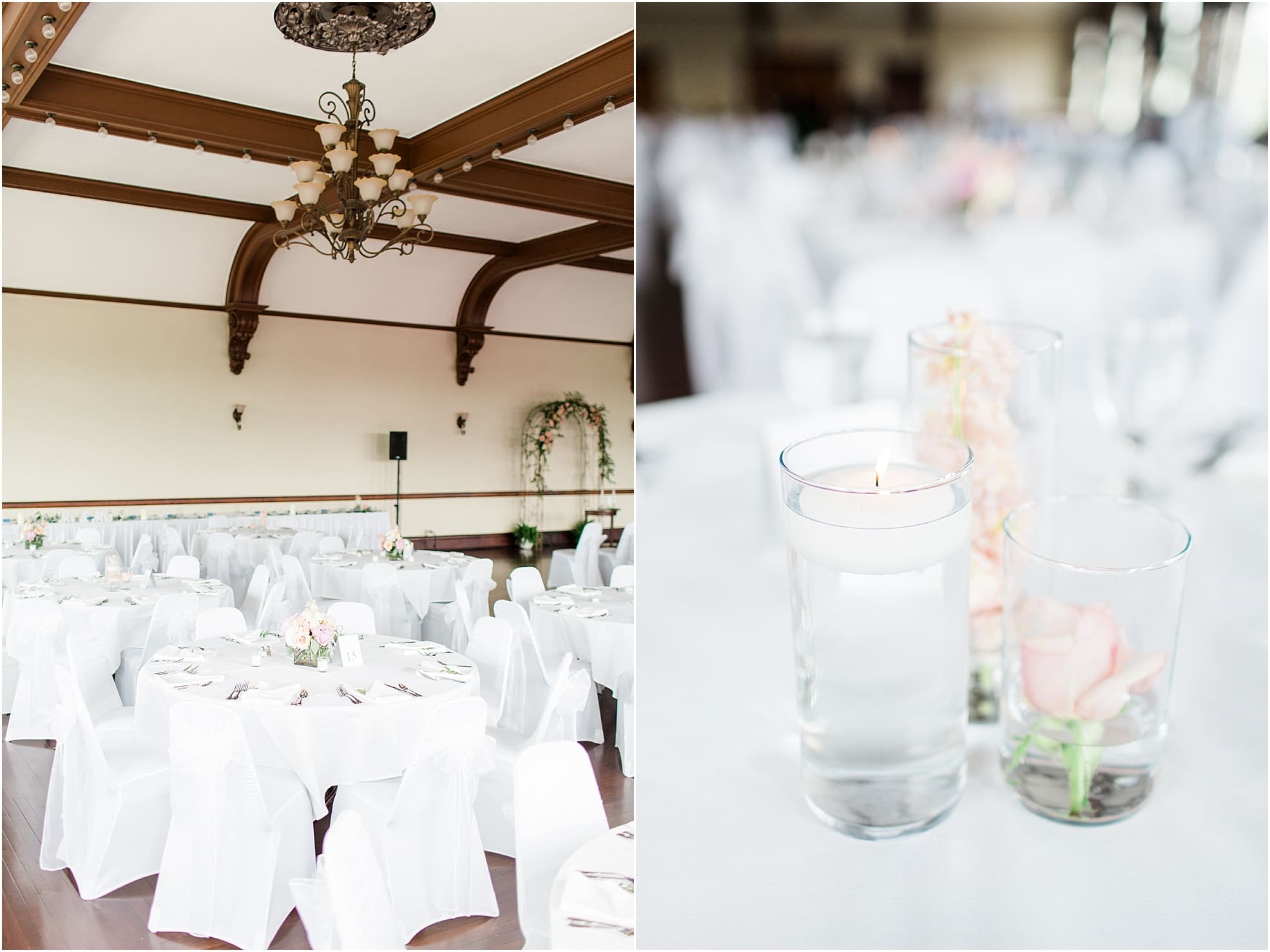 Arielle Peters Photography | Wedding reception table settings and floral arrangements on wedding day at the Spohn Ballroom in Goshen, Indiana.