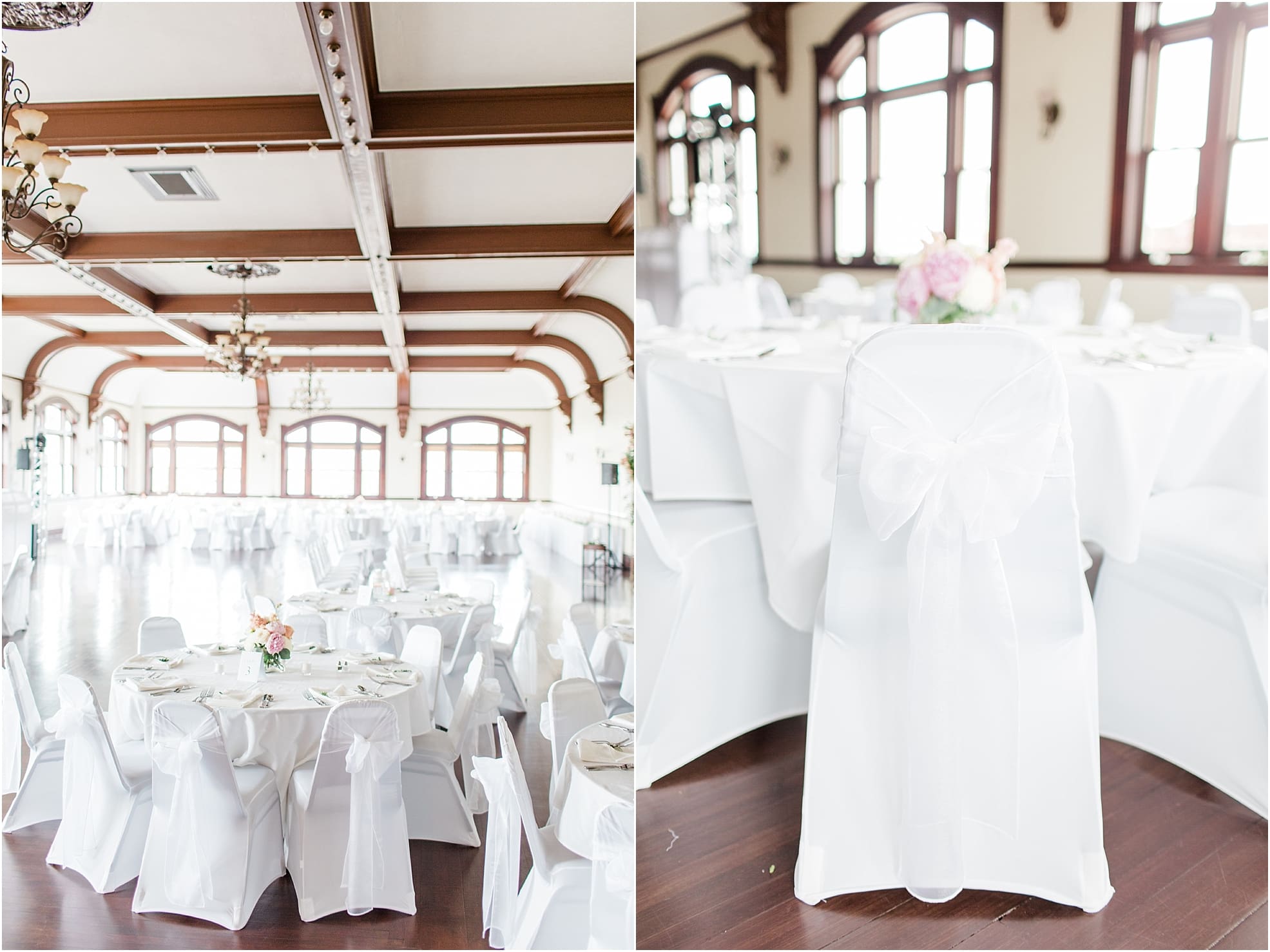 Arielle Peters Photography | Wedding reception table settings and floral arrangements on wedding day at the Spohn Ballroom in Goshen, Indiana.