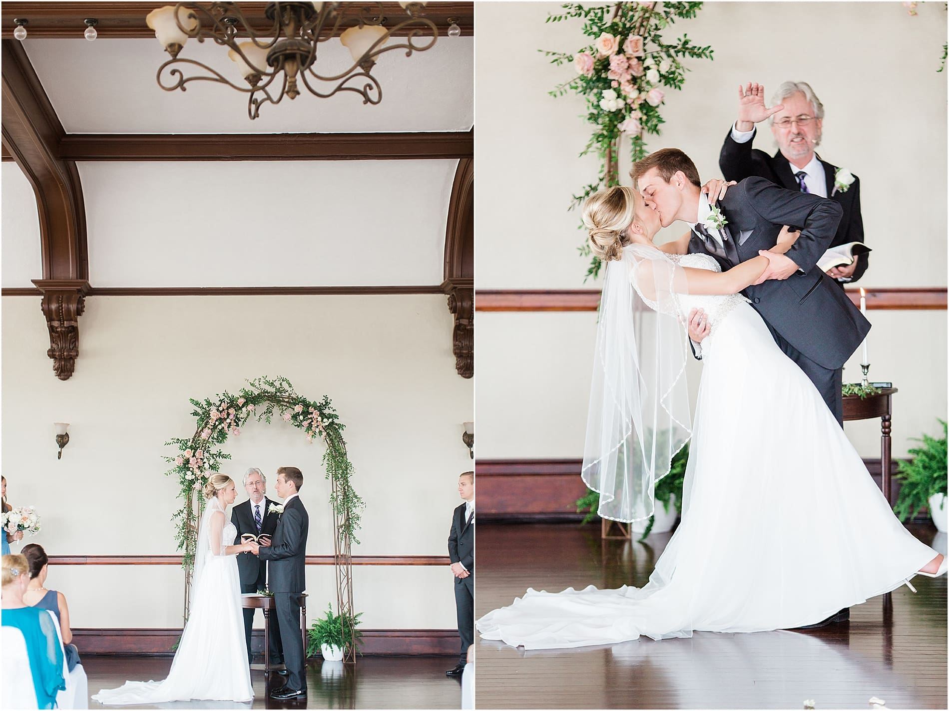 Arielle Peters Photography | Bride and groom kissing at the alter on wedding day at the Spohn Ballroom in Goshen, Indiana.