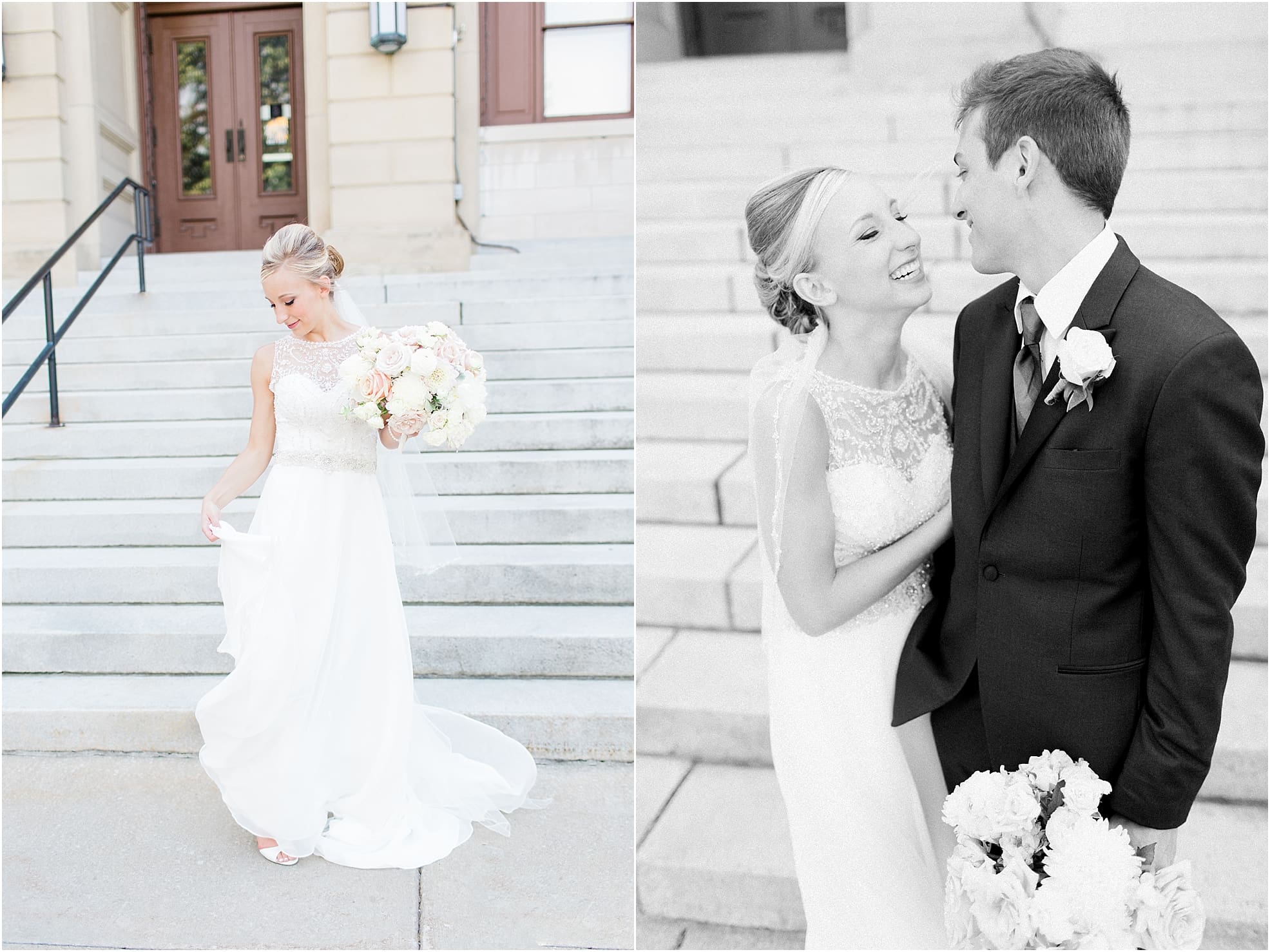 Arielle Peters Photography | Bride and groom laughing on church steps on wedding day at the Spohn Ballroom in Goshen, Indiana.
