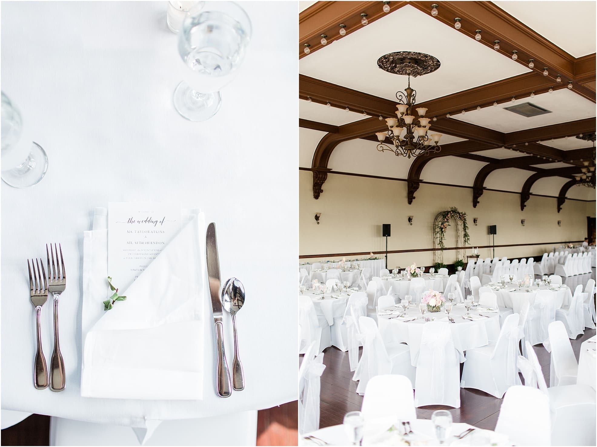Arielle Peters Photography | Wedding reception table settings and floral arrangements on wedding day at the Spohn Ballroom in Goshen, Indiana.