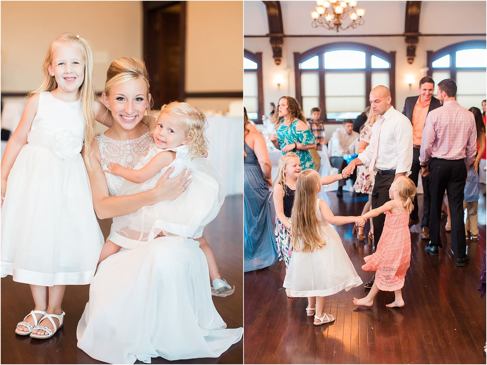 Arielle Peters Photography | Bride and flower girls at wedding reception on wedding day at the Spohn Ballroom in Goshen, Indiana.