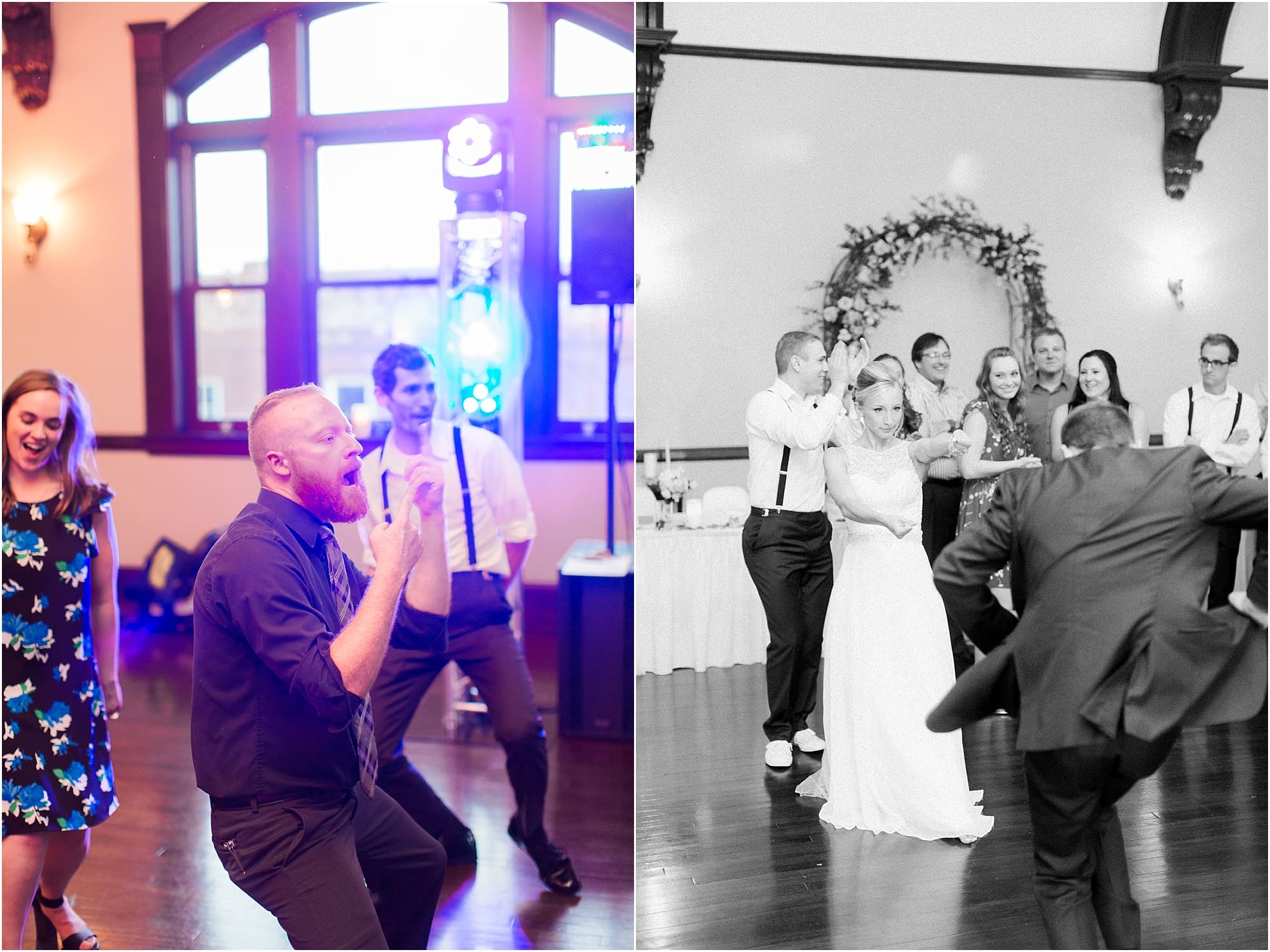 Arielle Peters Photography | Bride and groom dancing with guests at wedding reception on wedding day at the Spohn Ballroom in Goshen, Indiana.