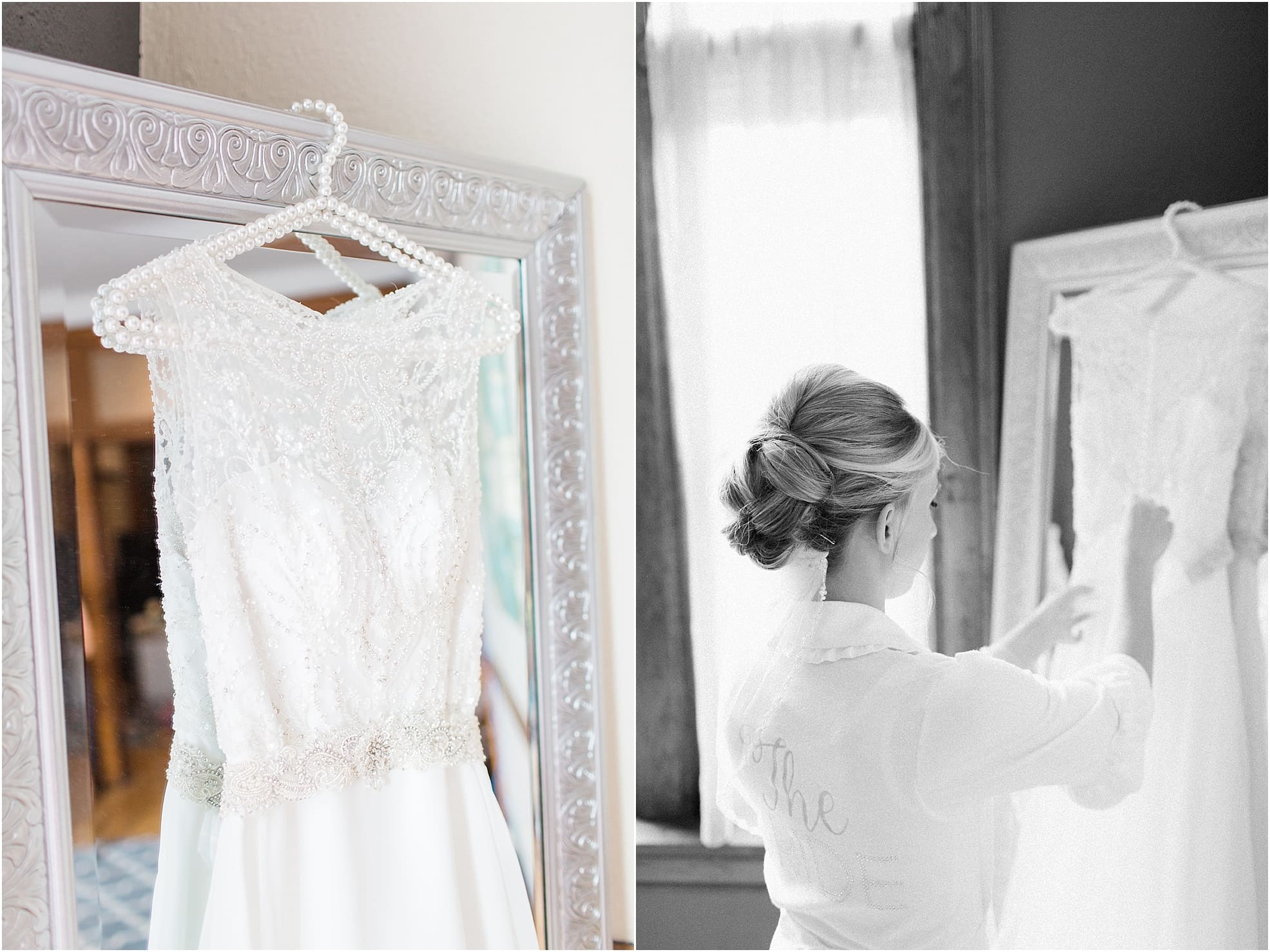 Arielle Peters Photography | Bride in robe getting ready on wedding day at the Spohn Ballroom in Goshen, Indiana.