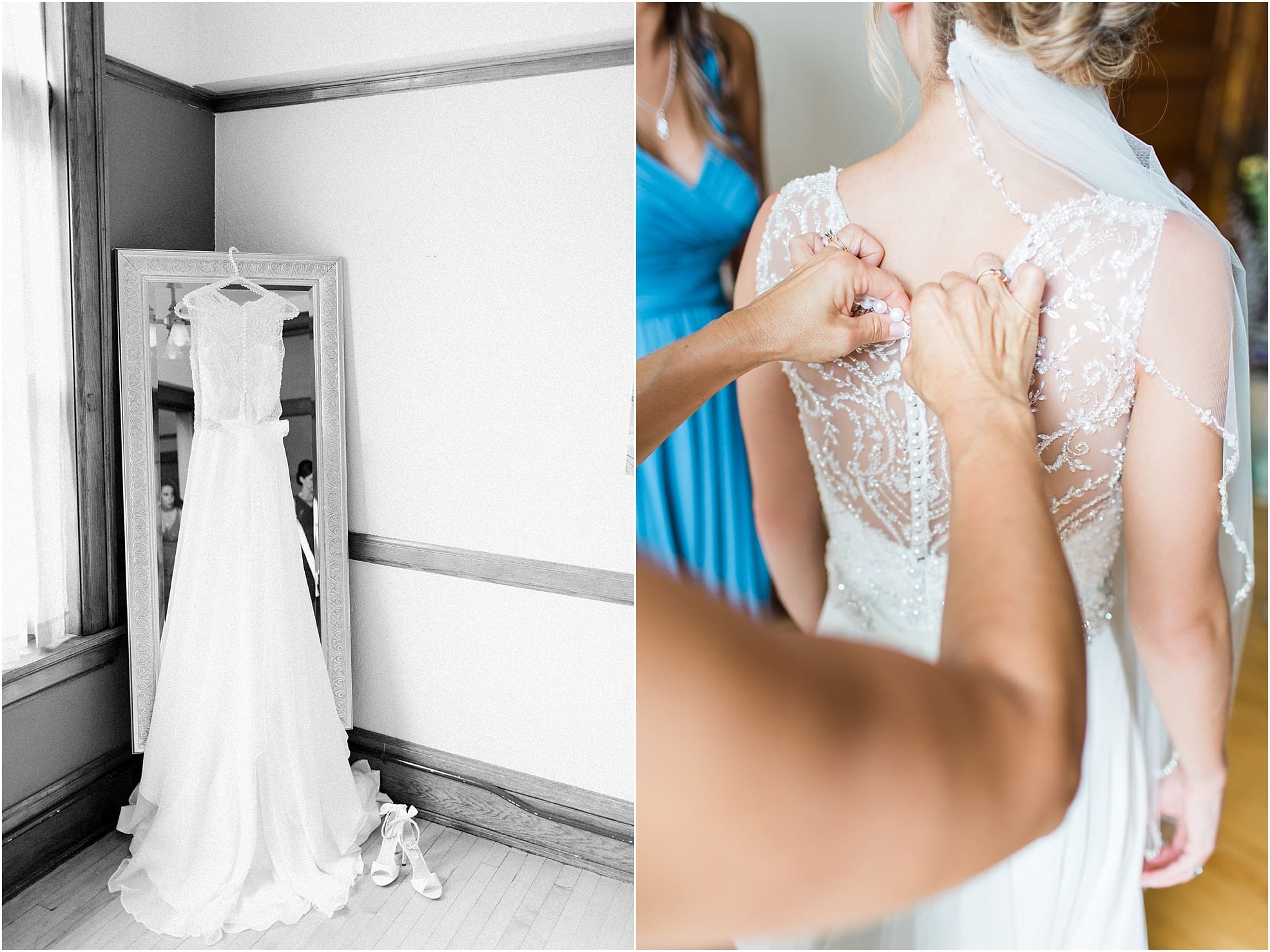 Arielle Peters Photography | Mother and sister of bride helping bride get ready on wedding day at the Spohn Ballroom in Goshen, Indiana.