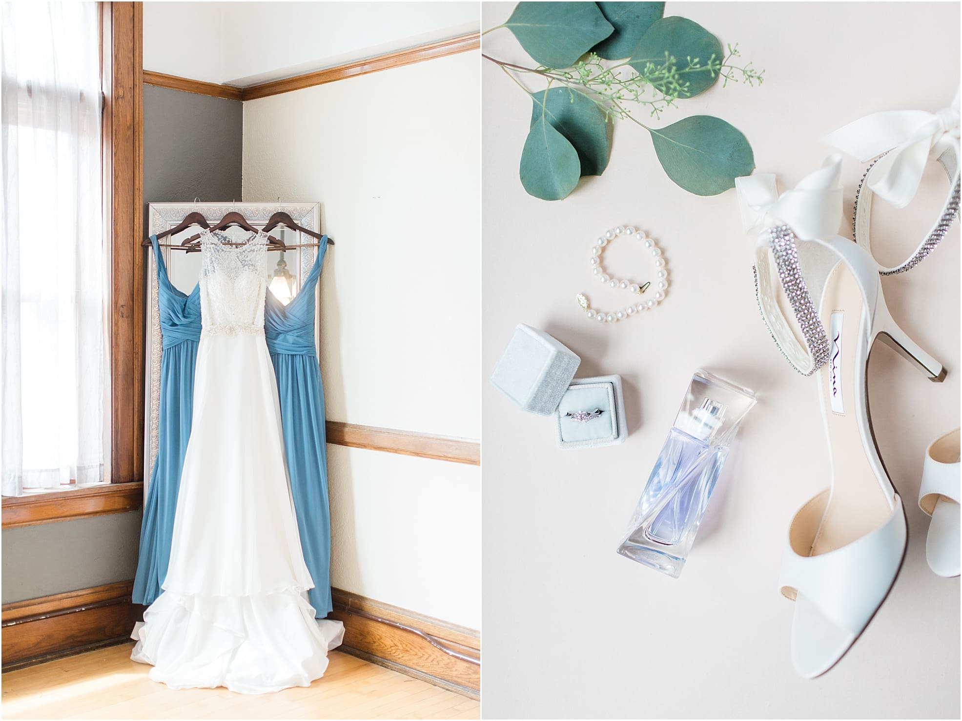 Arielle Peters Photography | Wedding dress and bridesmaids dresses hanging on large mirror on wedding day at the Spohn Ballroom in Goshen, Indiana.