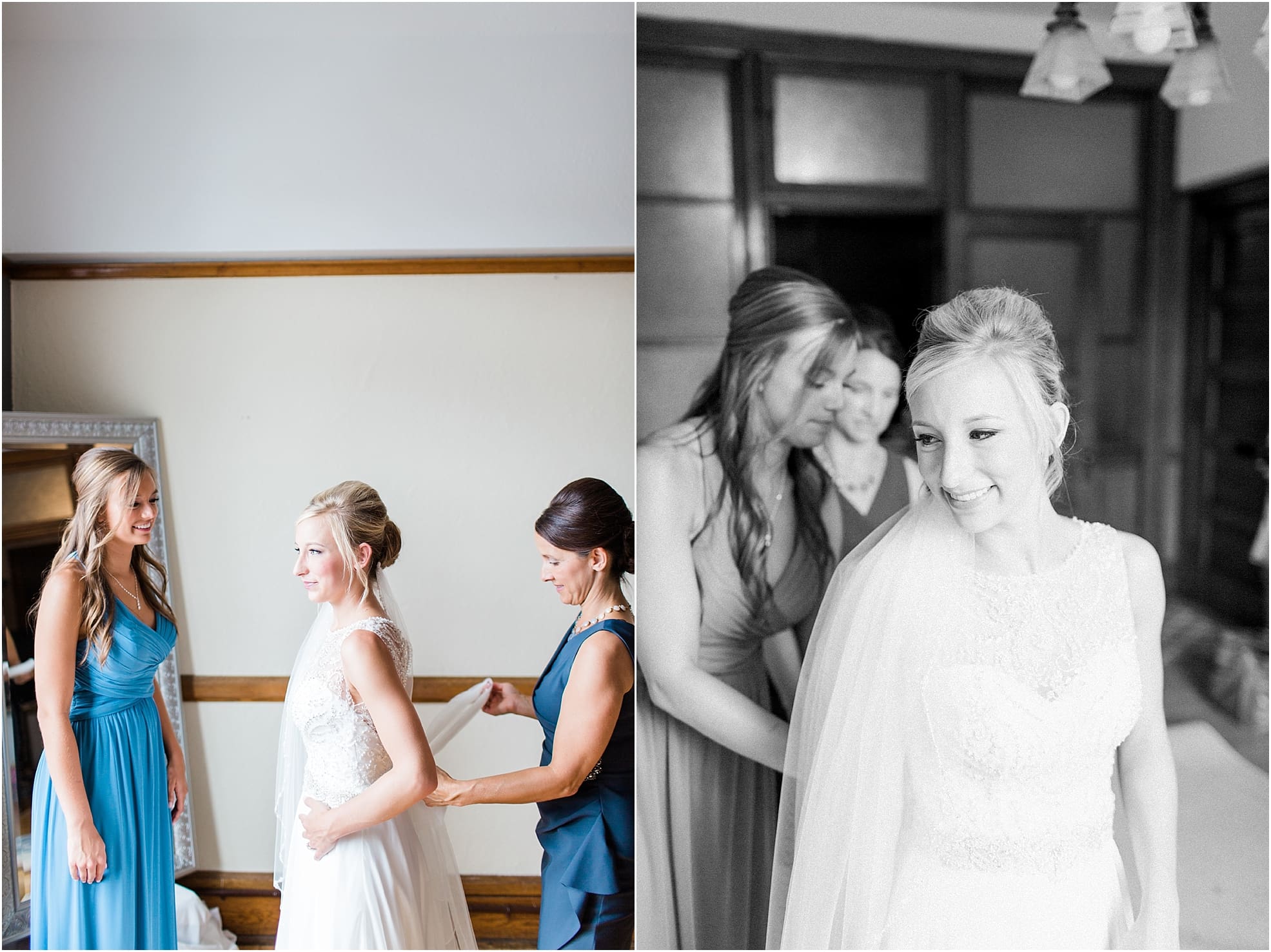 Arielle Peters Photography | Bridesmaids helping bride get ready on wedding day at the Spohn Ballroom in Goshen, Indiana.