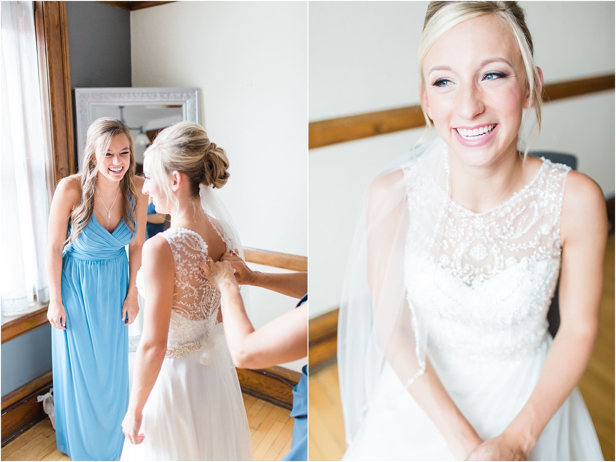 Arielle Peters Photography | Bride getting ready on wedding day at the Spohn Ballroom in Goshen, Indiana.