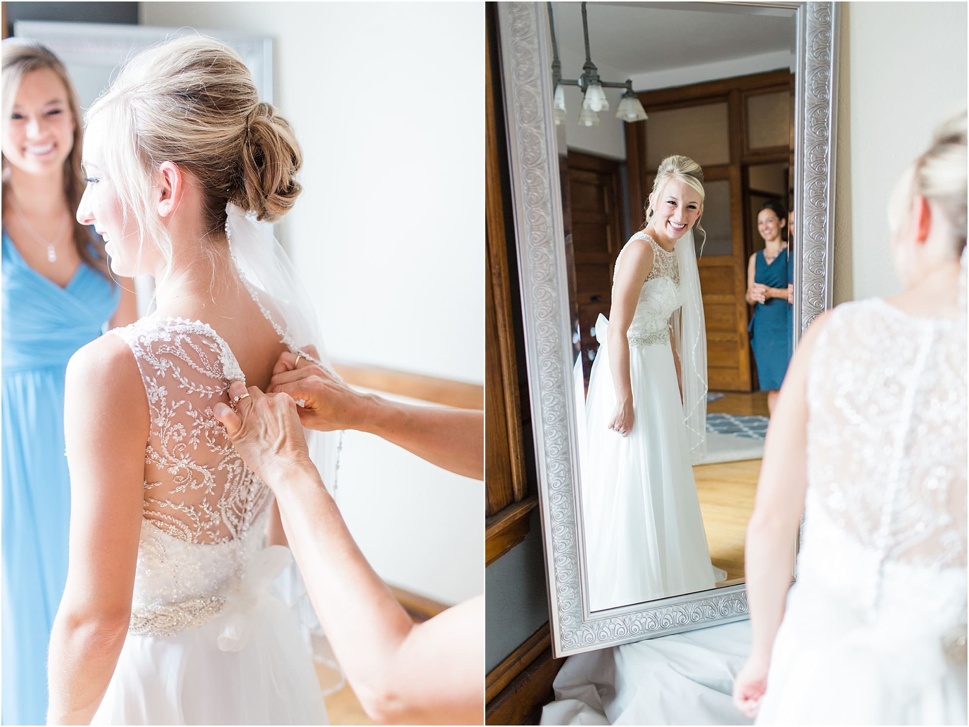 Arielle Peters Photography | Bride looking in large mirror on wedding day at the Spohn Ballroom in Goshen, Indiana.