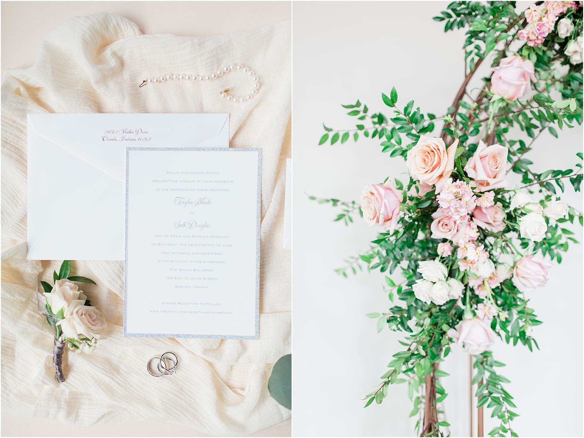 Arielle Peters Photography | Wedding invitation and floral arrangements on wedding day at the Spohn Ballroom in Goshen, Indiana.