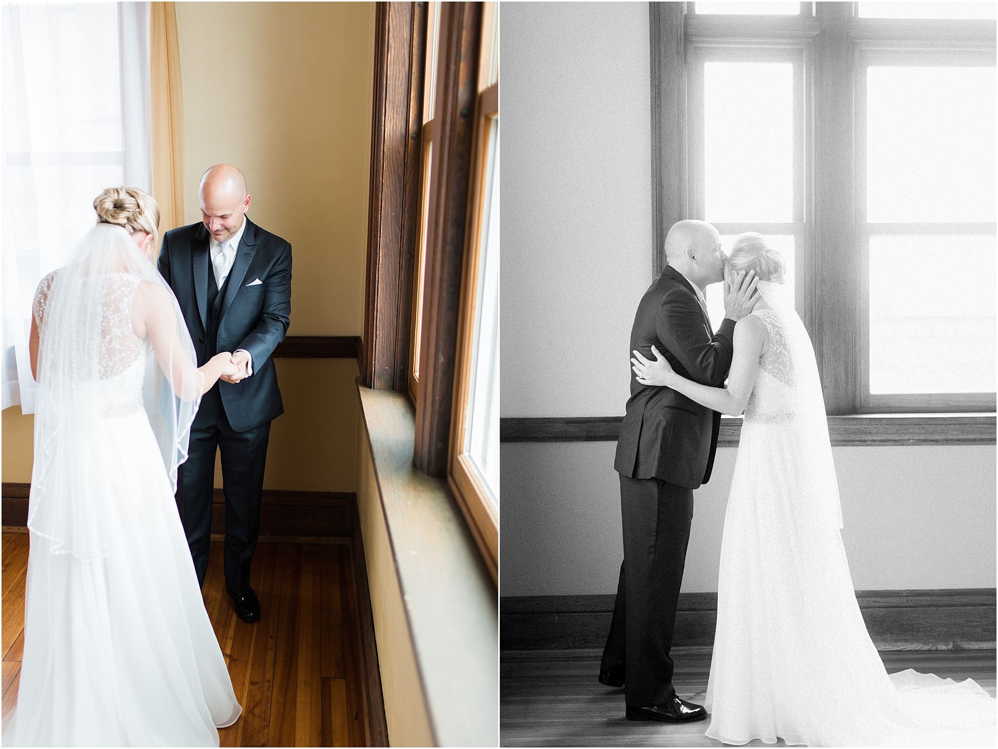Arielle Peters Photography | Father of bride and bride having first reveal on wedding day at the Spohn Ballroom in Goshen, Indiana.