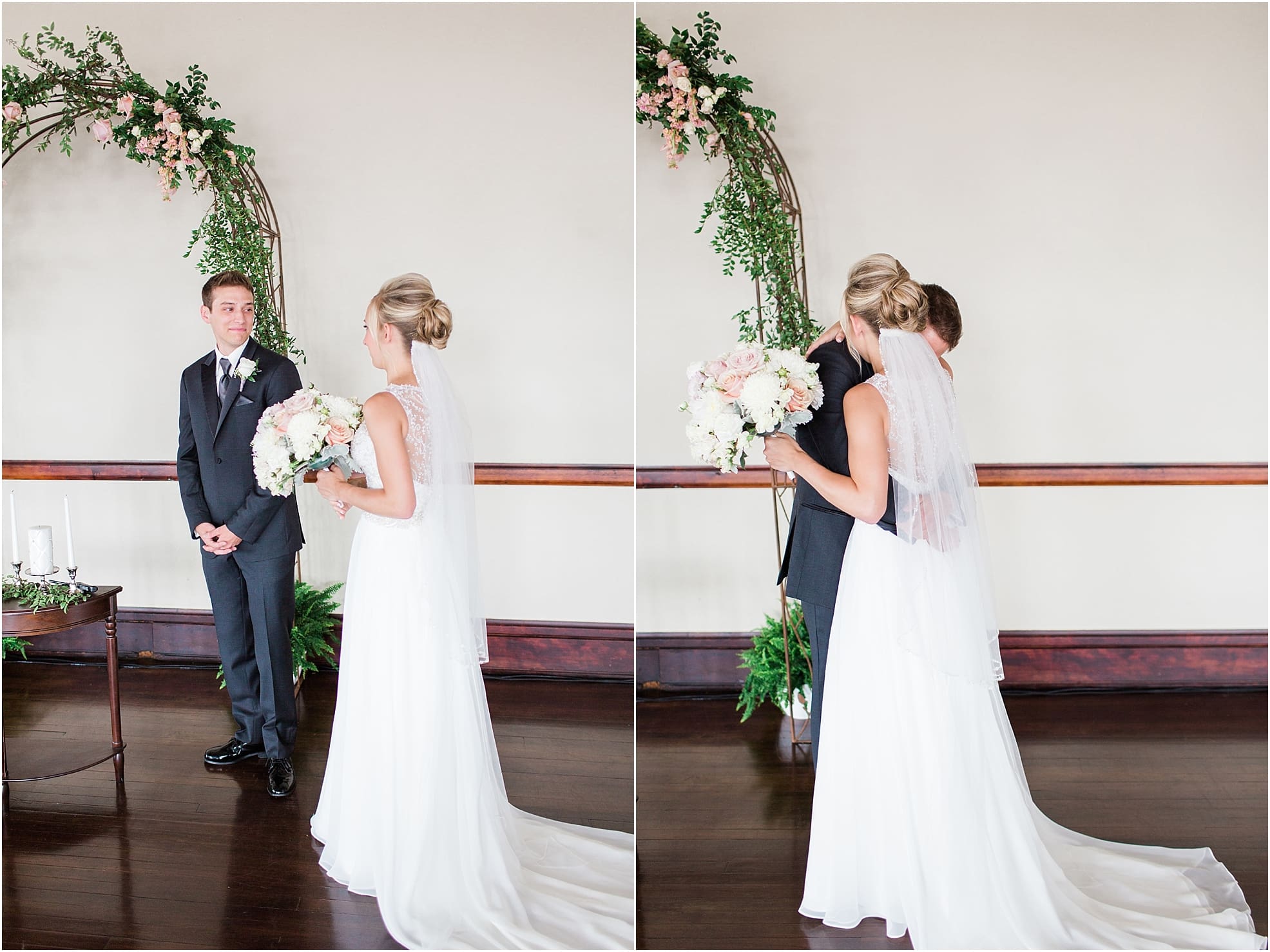 Arielle Peters Photography | Bride and groom having first reveal on wedding day at the Spohn Ballroom in Goshen, Indiana.