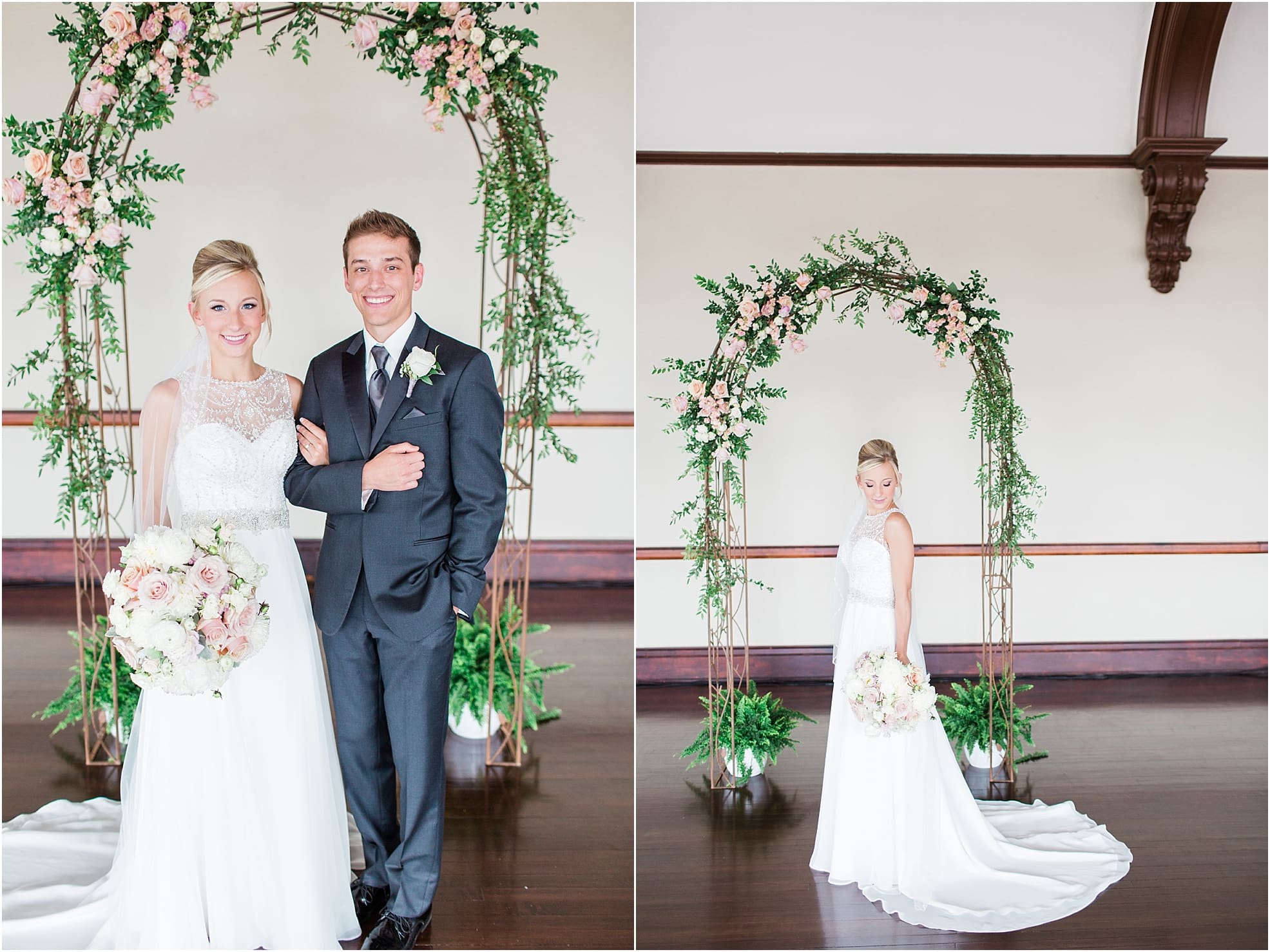 Arielle Peters Photography | Bride and groom under rose covered arch on wedding day at the Spohn Ballroom in Goshen, Indiana.