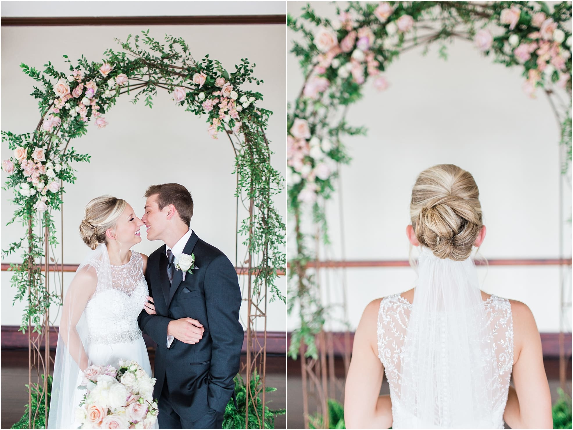 Arielle Peters Photography | Bride and groom almost kissing under rose covered arch on wedding day at the Spohn Ballroom in Goshen, Indiana.