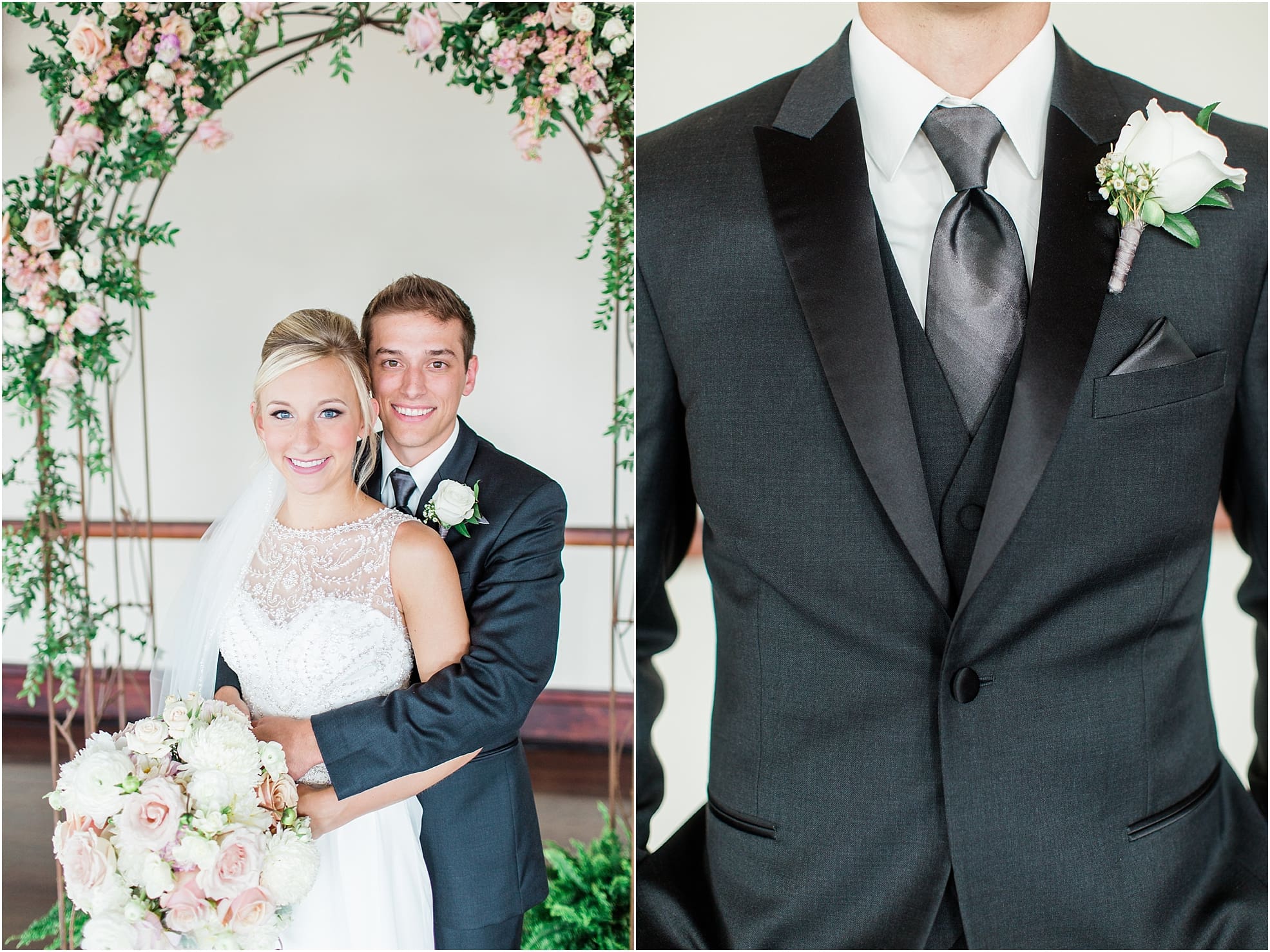 Arielle Peters Photography | Bride and groom under rose covered arch on wedding day at the Spohn Ballroom in Goshen, Indiana.