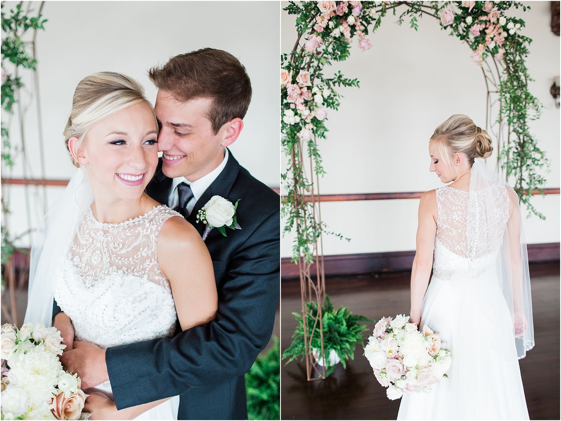 Arielle Peters Photography | Bride and groom hugging under rose covered arch on wedding day at the Spohn Ballroom in Goshen, Indiana.