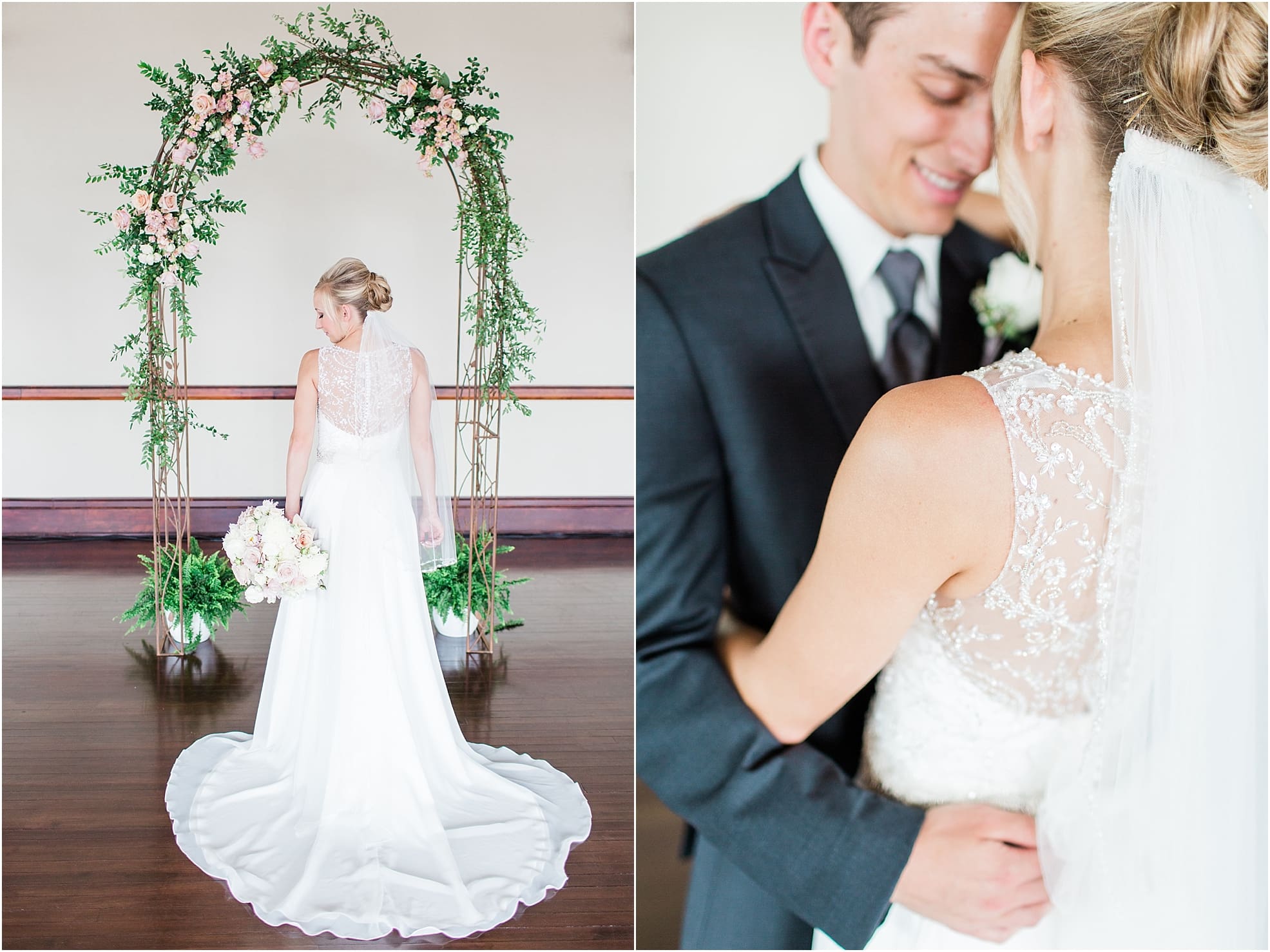 Arielle Peters Photography | Bride standing under rose covered arch on wedding day at the Spohn Ballroom in Goshen, Indiana.