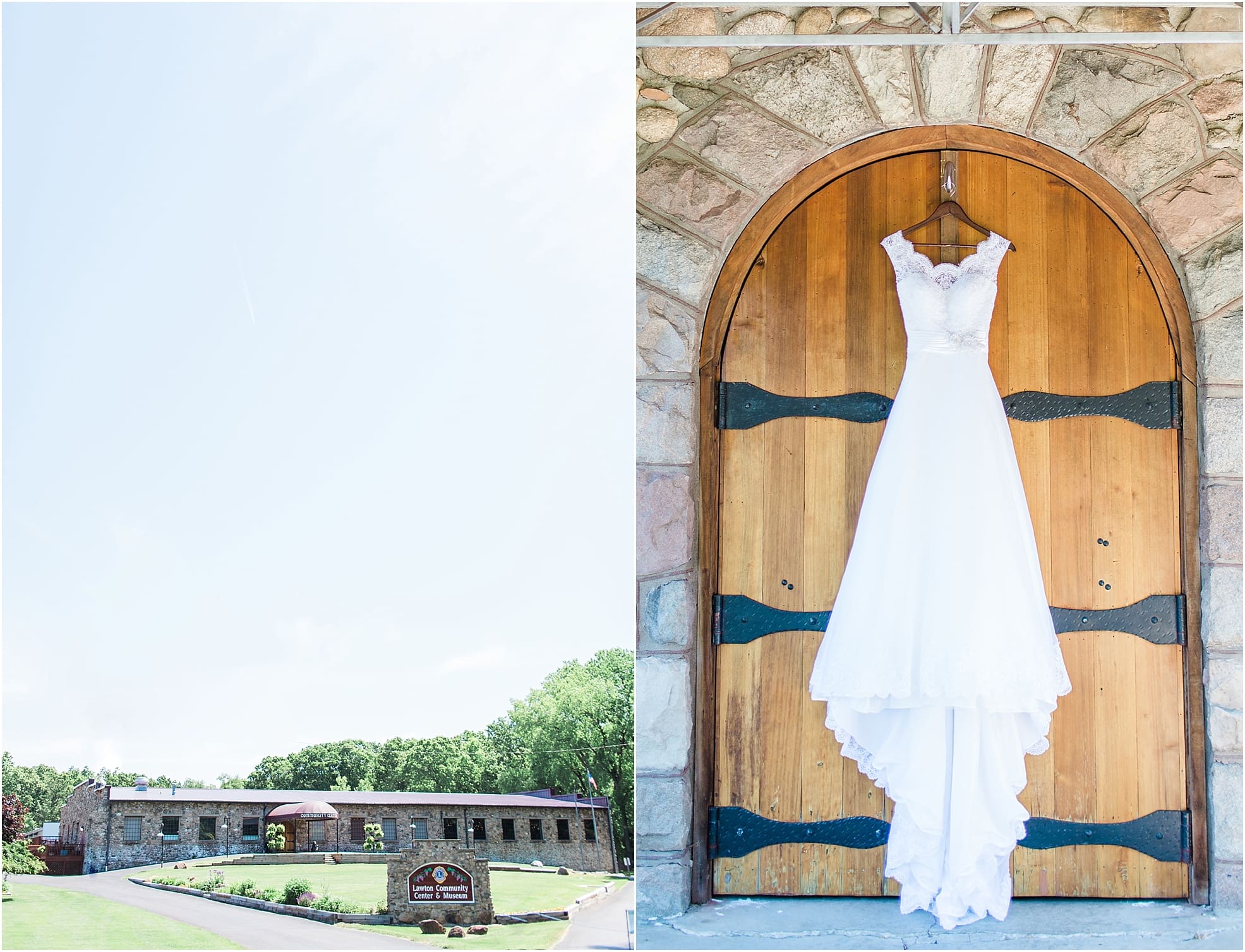 Arielle Peters Photography | Wedding dress hanging on wooden wine cellar door on wedding day at Lawton Lions Heritage Community Center in Lawton, Michigan.