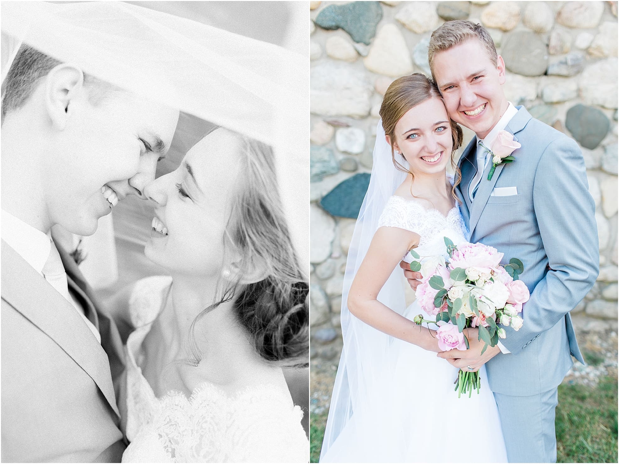 Arielle Peters Photography | Bride and groom almost kissing under veil on wedding day at Lawton Lions Heritage Community Center in Lawton, Michigan.