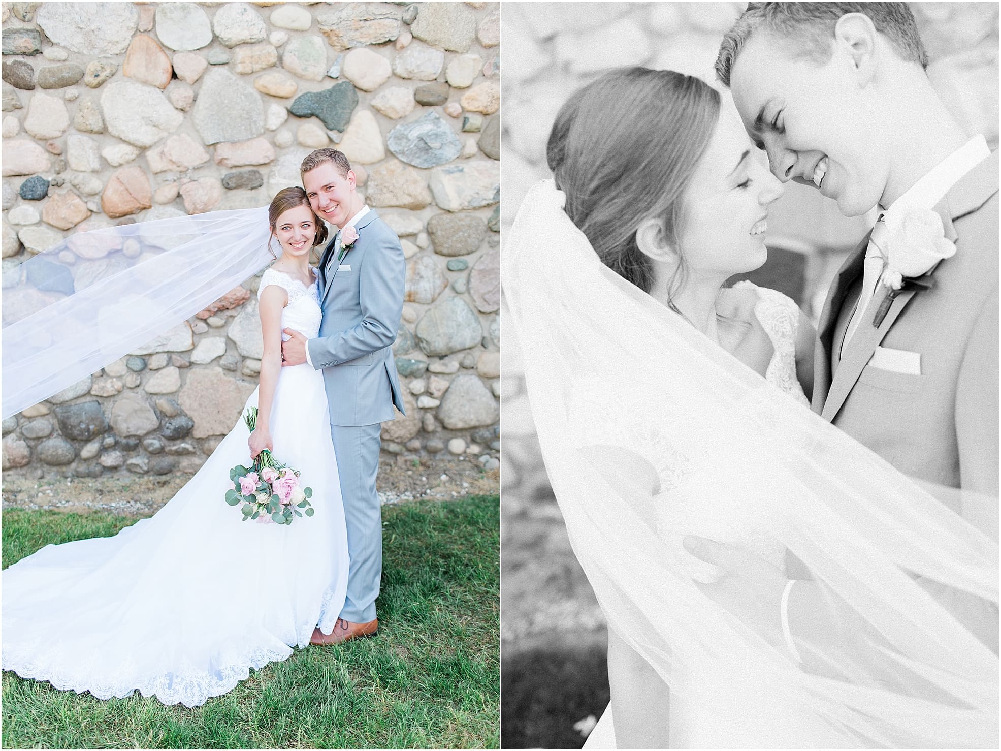 Arielle Peters Photography | Bride and groom almost kissing in front of historic cobblestone building on wedding day at Lawton Lions Heritage Community Center in Lawton, Michigan.