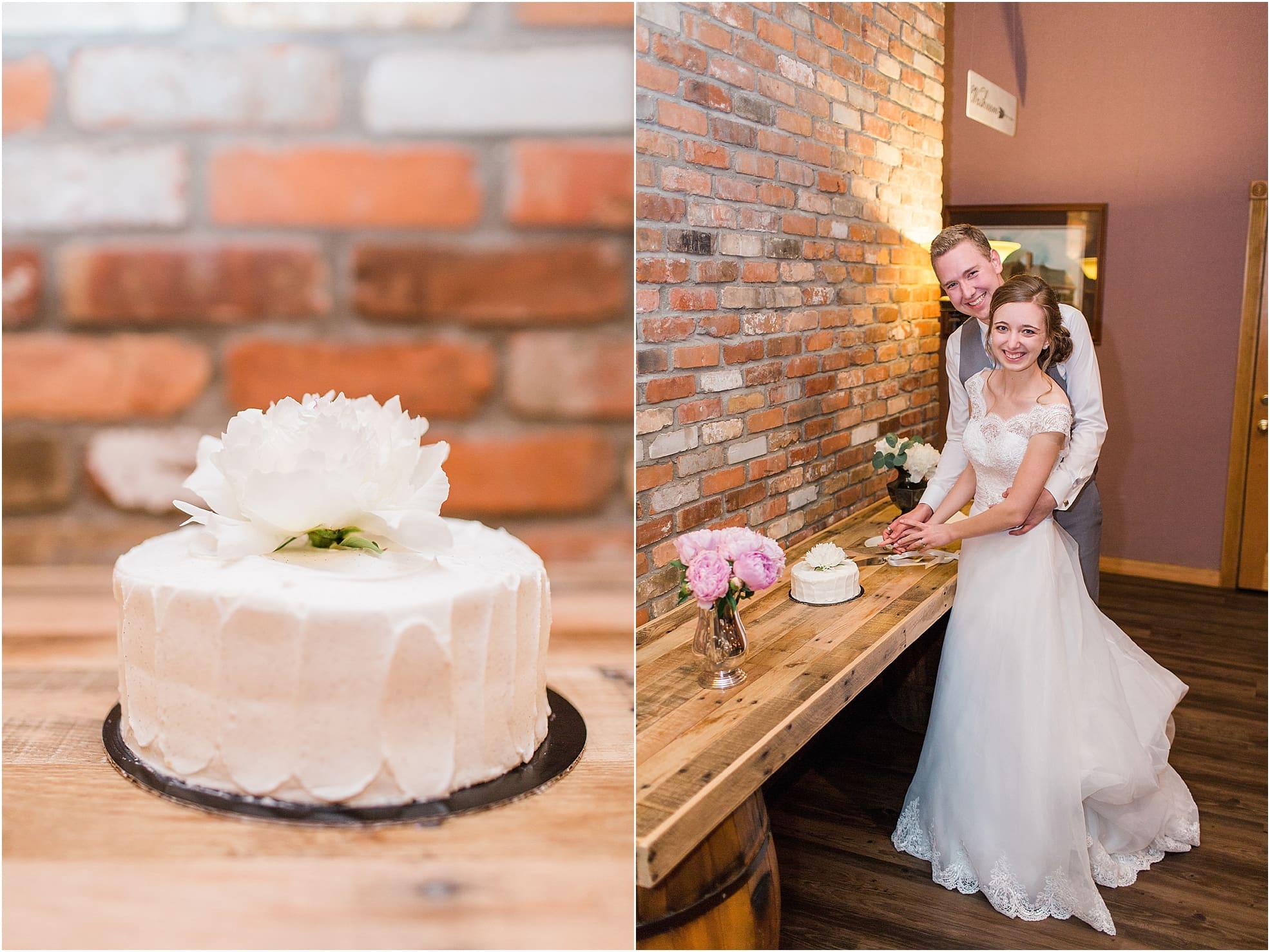 Arielle Peters Photography | Bride and groom cutting wedding cake at wedding reception at Lawton Lions Heritage Community Center in Lawton, Michigan.