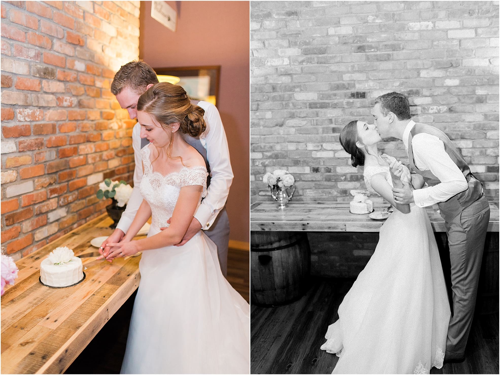Arielle Peters Photography | Bride and groom cutting wedding cake at wedding reception at Lawton Lions Heritage Community Center in Lawton, Michigan.