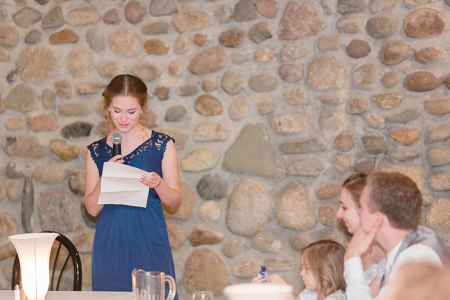 Arielle Peters Photography | Maid of honor giving toast at wedding reception at Lawton Lions Heritage Community Center in Lawton, Michigan.