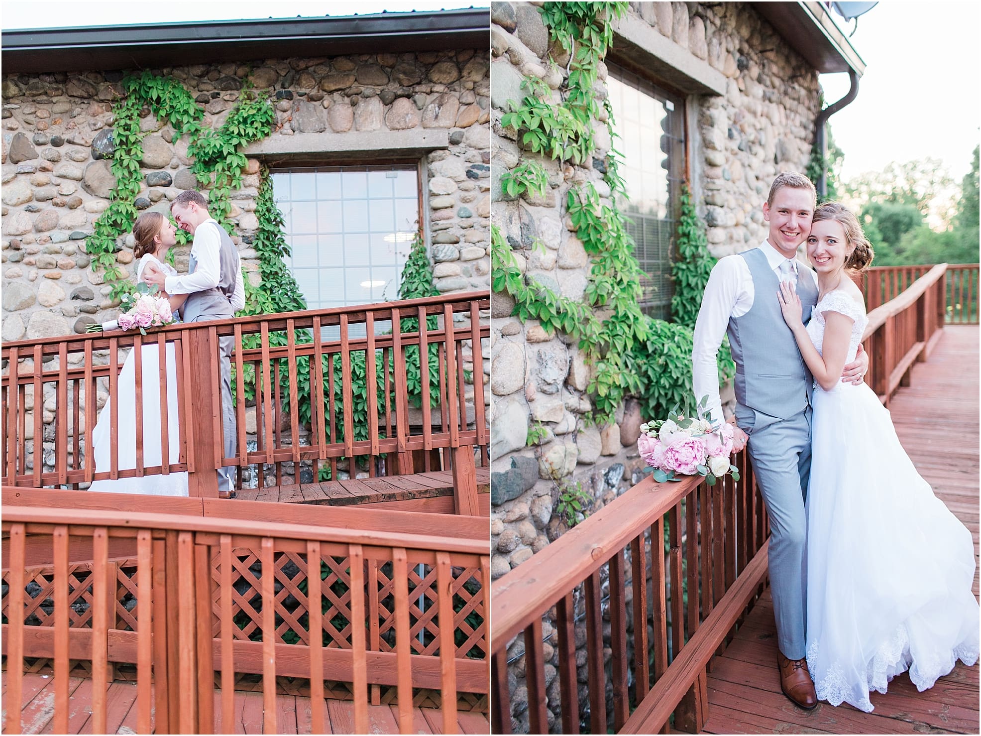 Arielle Peters Photography | Bride and groom on wooden terrace on wedding day at Lawton Lions Heritage Community Center in Lawton, Michigan.