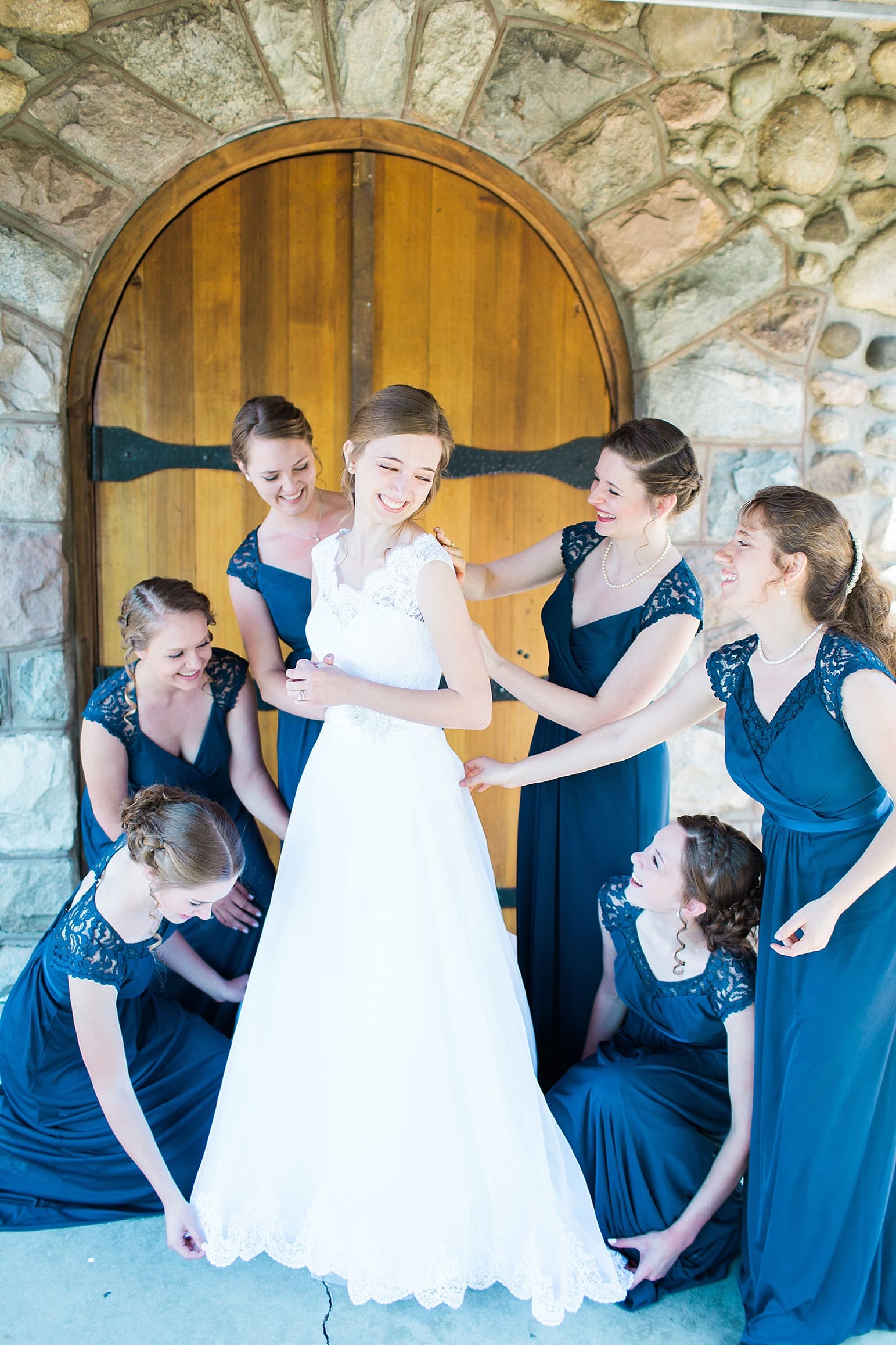 Arielle Peters Photography | Bride and bridesmaids having first reveal on wedding day at Lawton Lions Heritage Community Center in Lawton, Michigan.