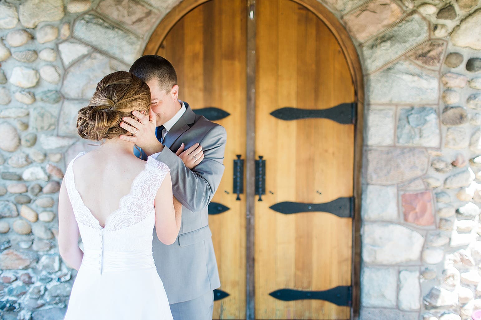Arielle Peters Photography | Father of bride and bride having first reveal on wedding day at Lawton Lions Heritage Community Center in Lawton, Michigan.